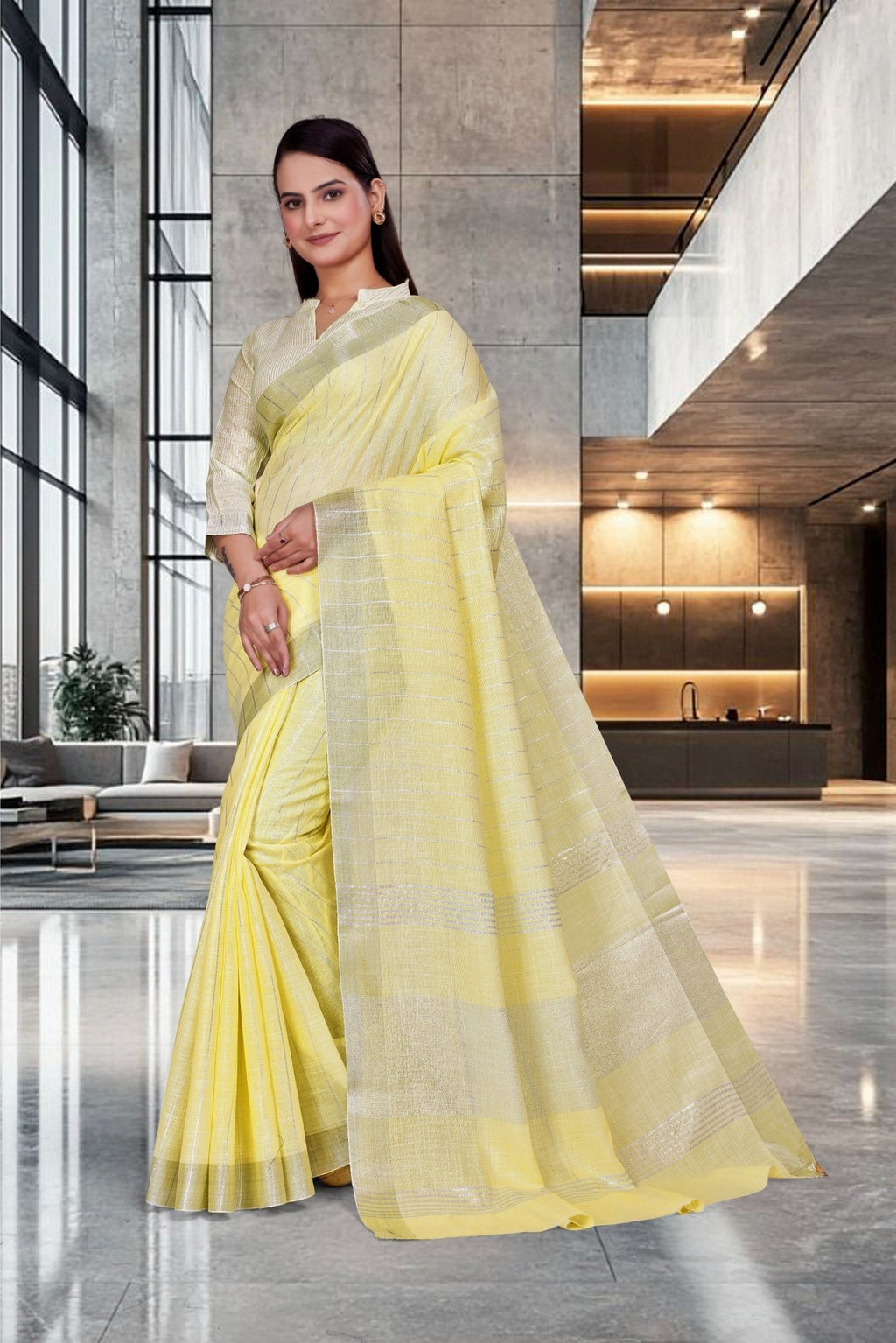 Yellow Cotton Silk Workplace Formal Saree - FeministaCotton Silk