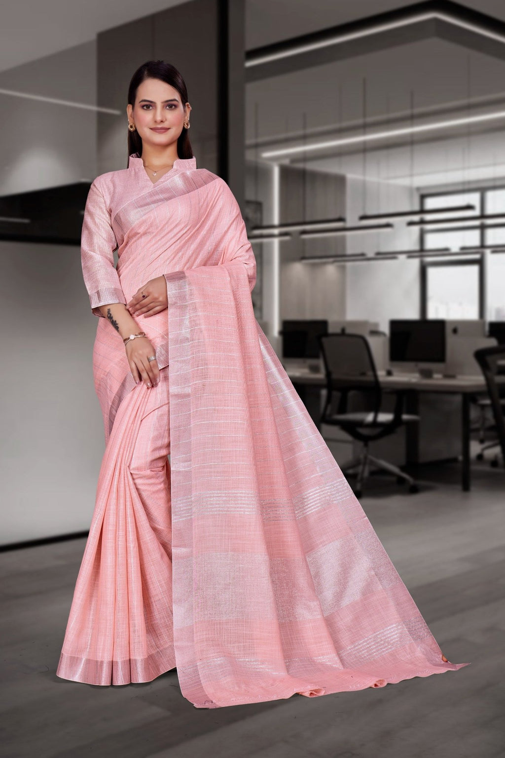 Pink Cotton Silk Professional Office Saree - FeministaCotton Silk
