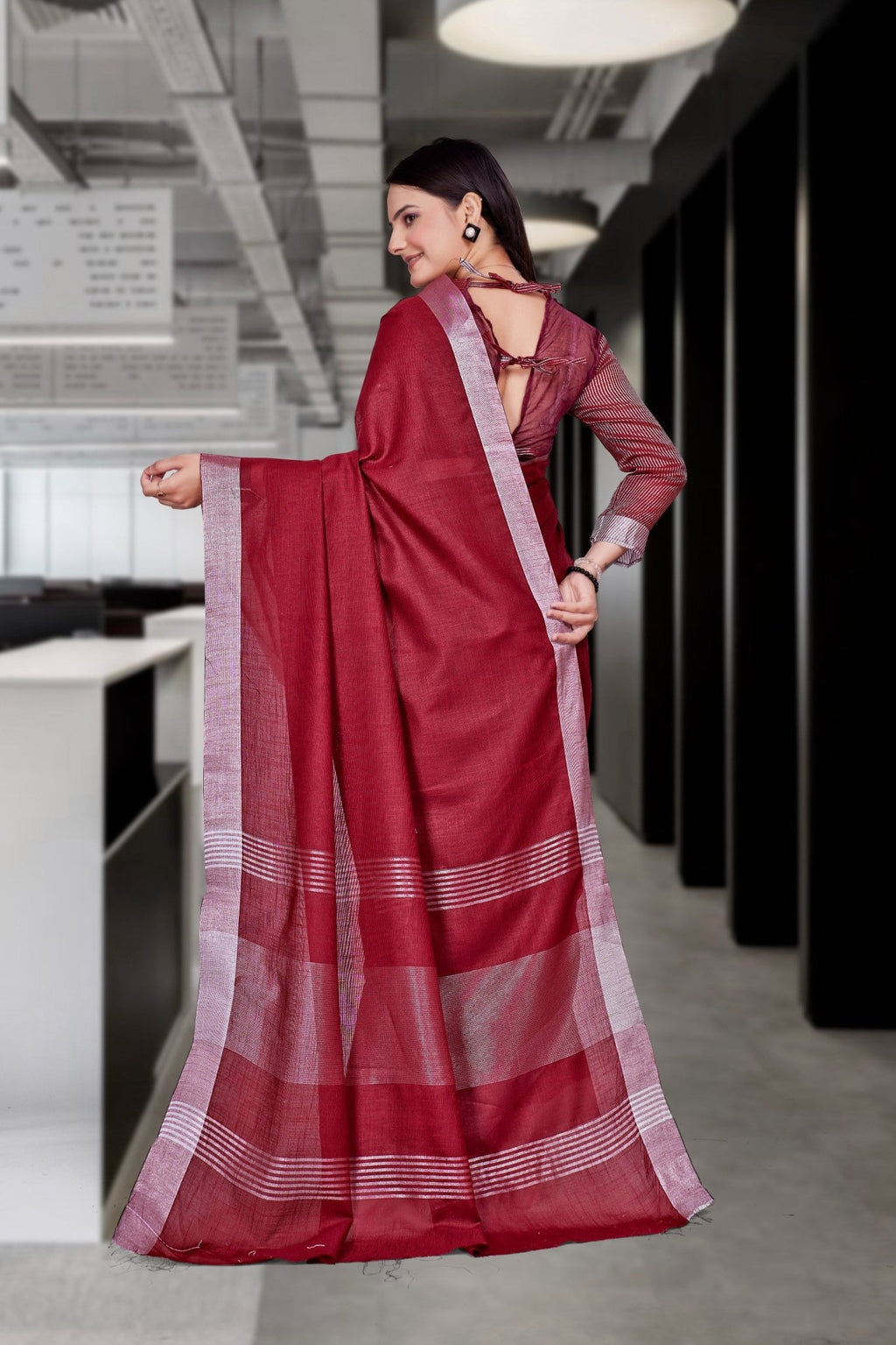 Maroon Cotton Silk Workplace Formal Saree - FeministaCotton Silk