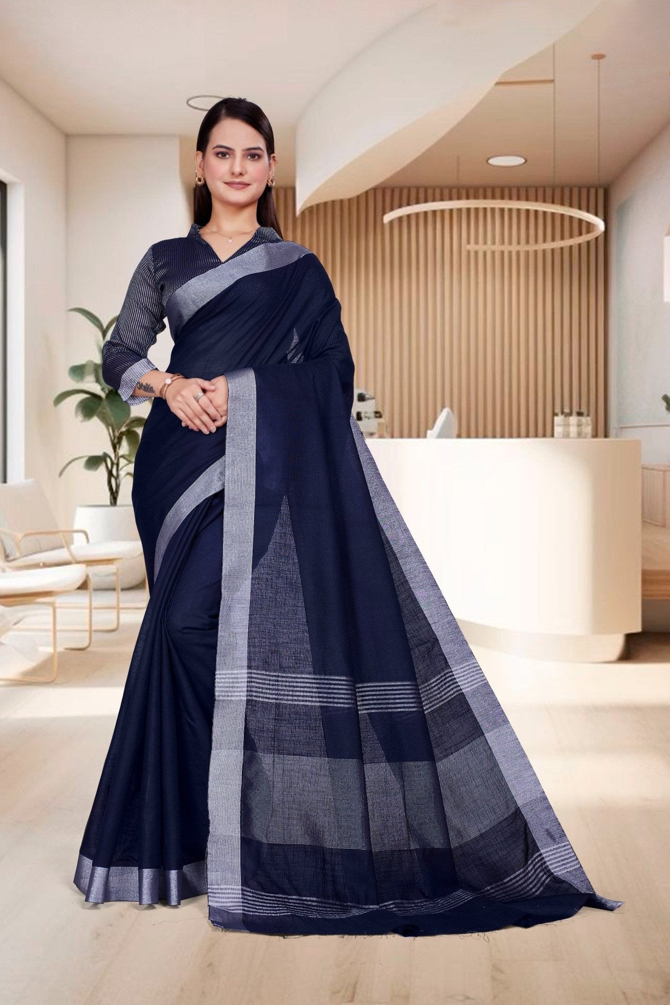 Blue Cotton Silk Workplace Uniform Saree - FeministaCotton Silk