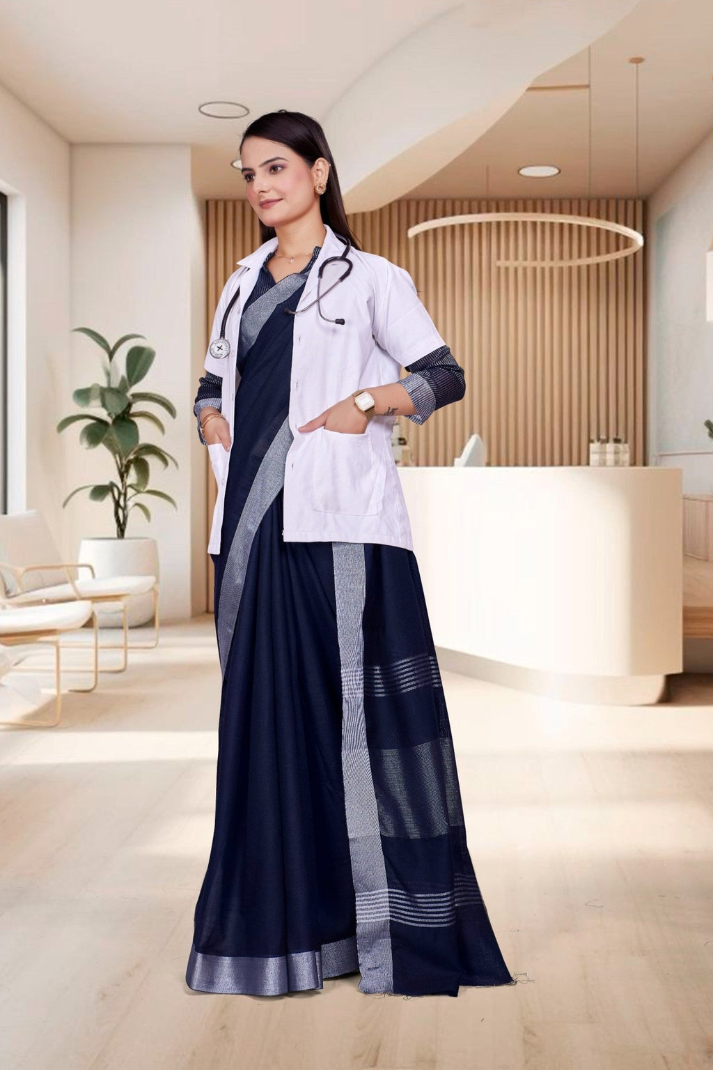 Blue Cotton Silk Workplace Uniform Saree - FeministaCotton Silk