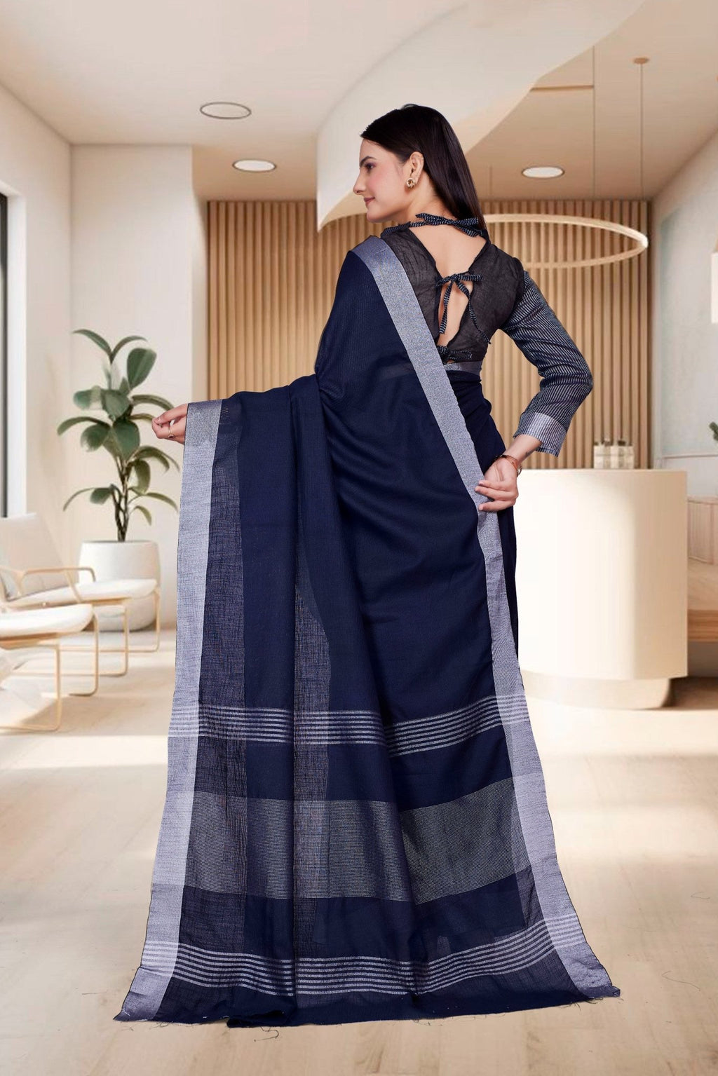 Blue Cotton Silk Workplace Uniform Saree - FeministaCotton Silk