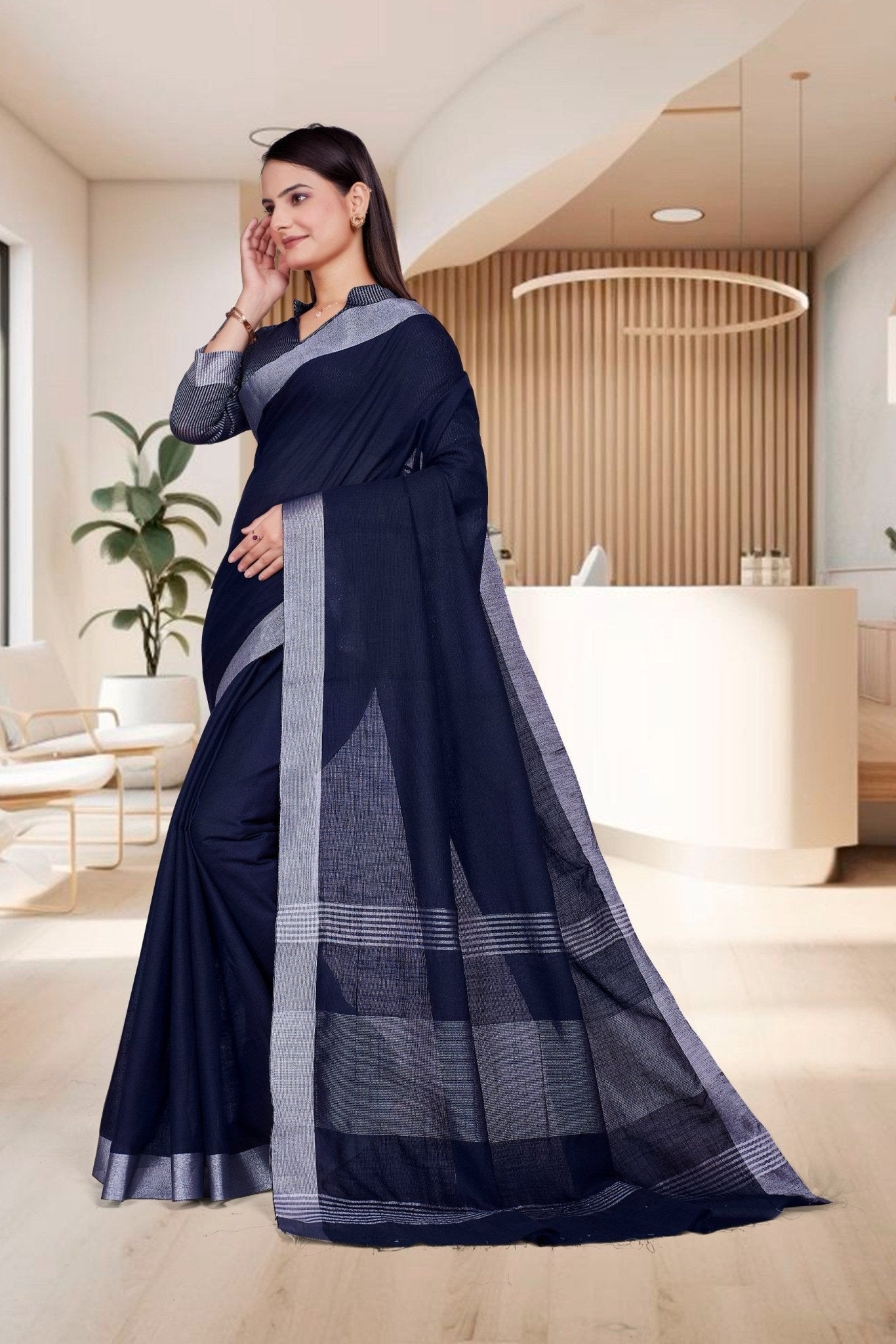 Blue Cotton Silk Workplace Uniform Saree - FeministaCotton Silk