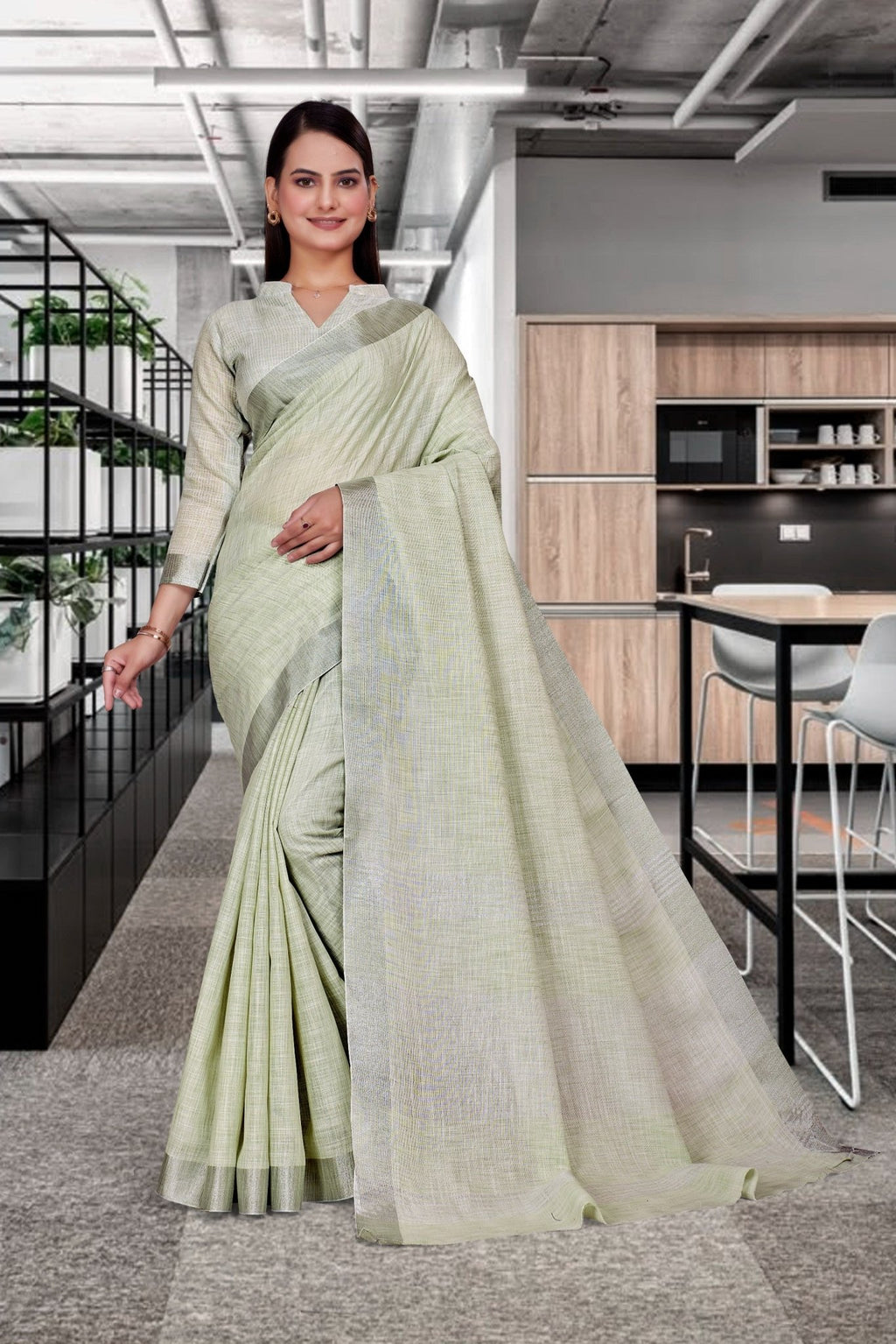 Green Cotton Silk Workplace Uniform Saree - FeministaCotton Silk
