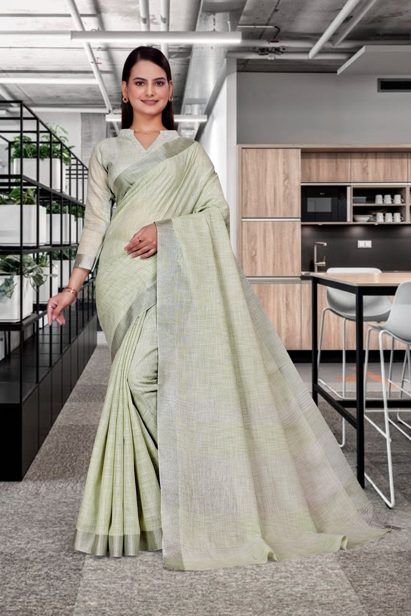 Green Cotton Silk Workplace Uniform Saree - FeministaCotton Silk