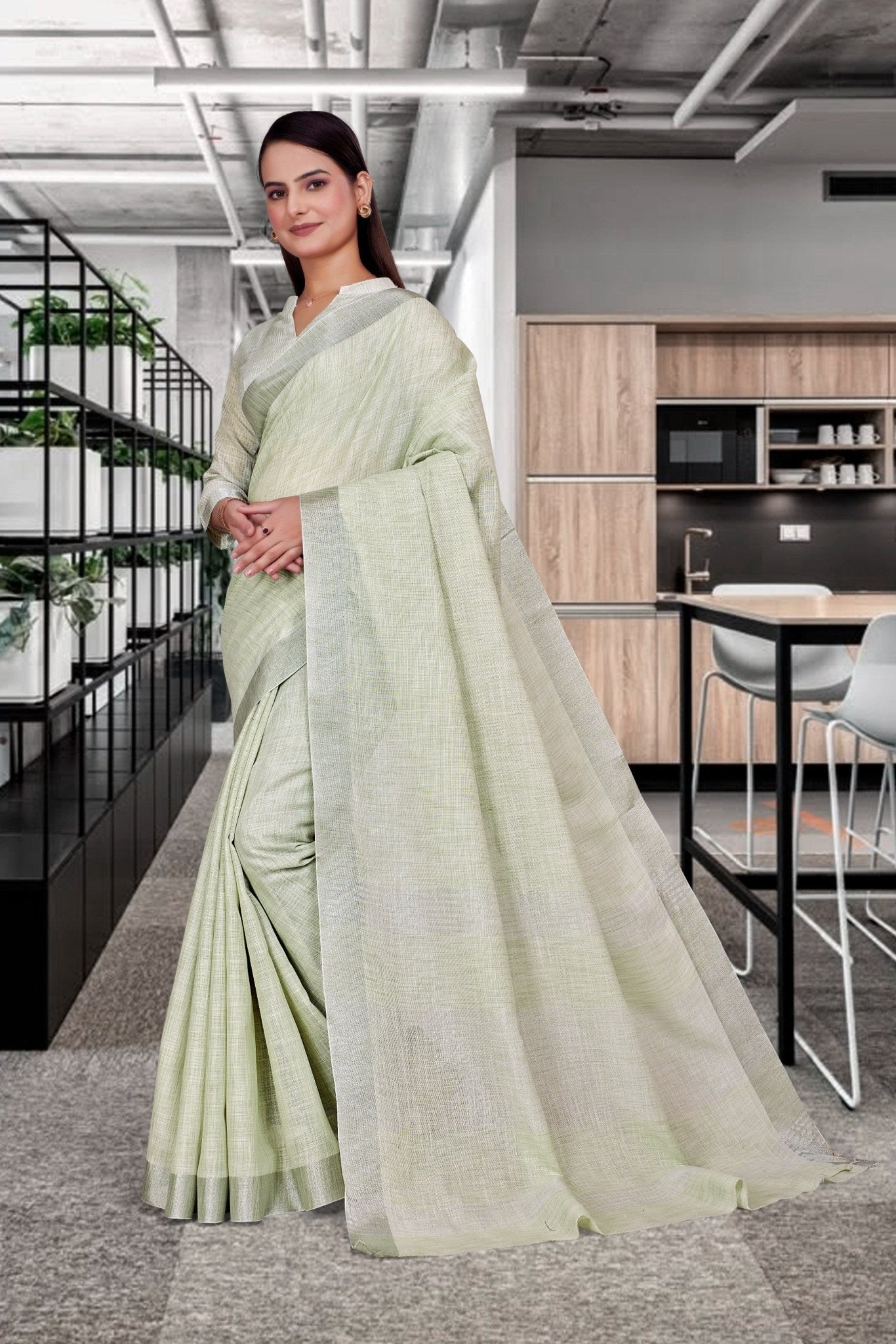 Green Cotton Silk Workplace Uniform Saree - FeministaCotton Silk