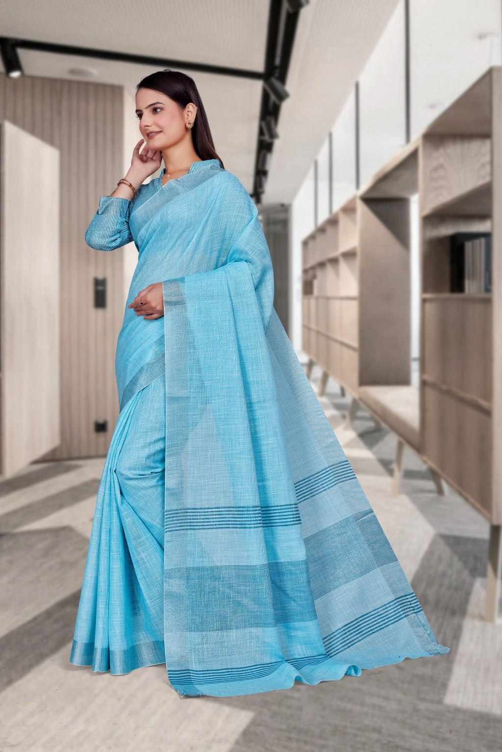 Light Blue Cotton Silk Professional Office Saree - FeministaCotton Silk