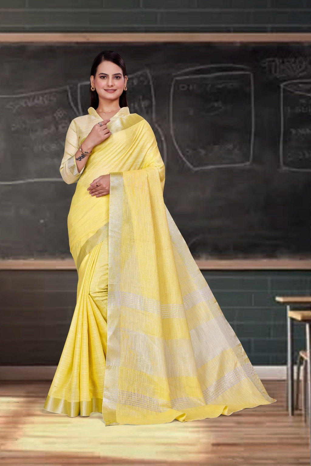 Yellow Cotton Silk Professional Office Saree - FeministaCotton Silk
