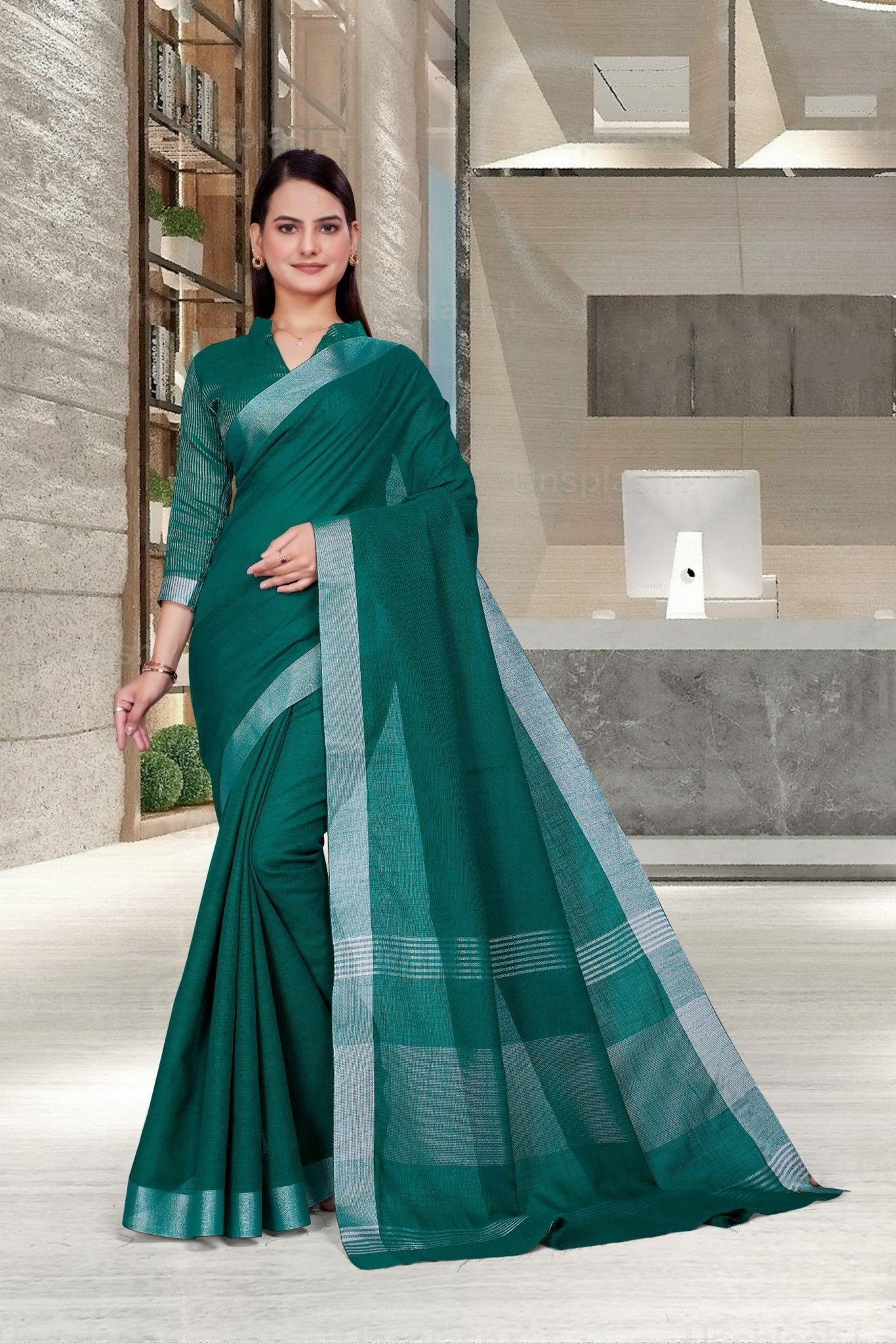 Dark Green Cotton Silk Business Saree for Professionals - FeministaCotton Silk