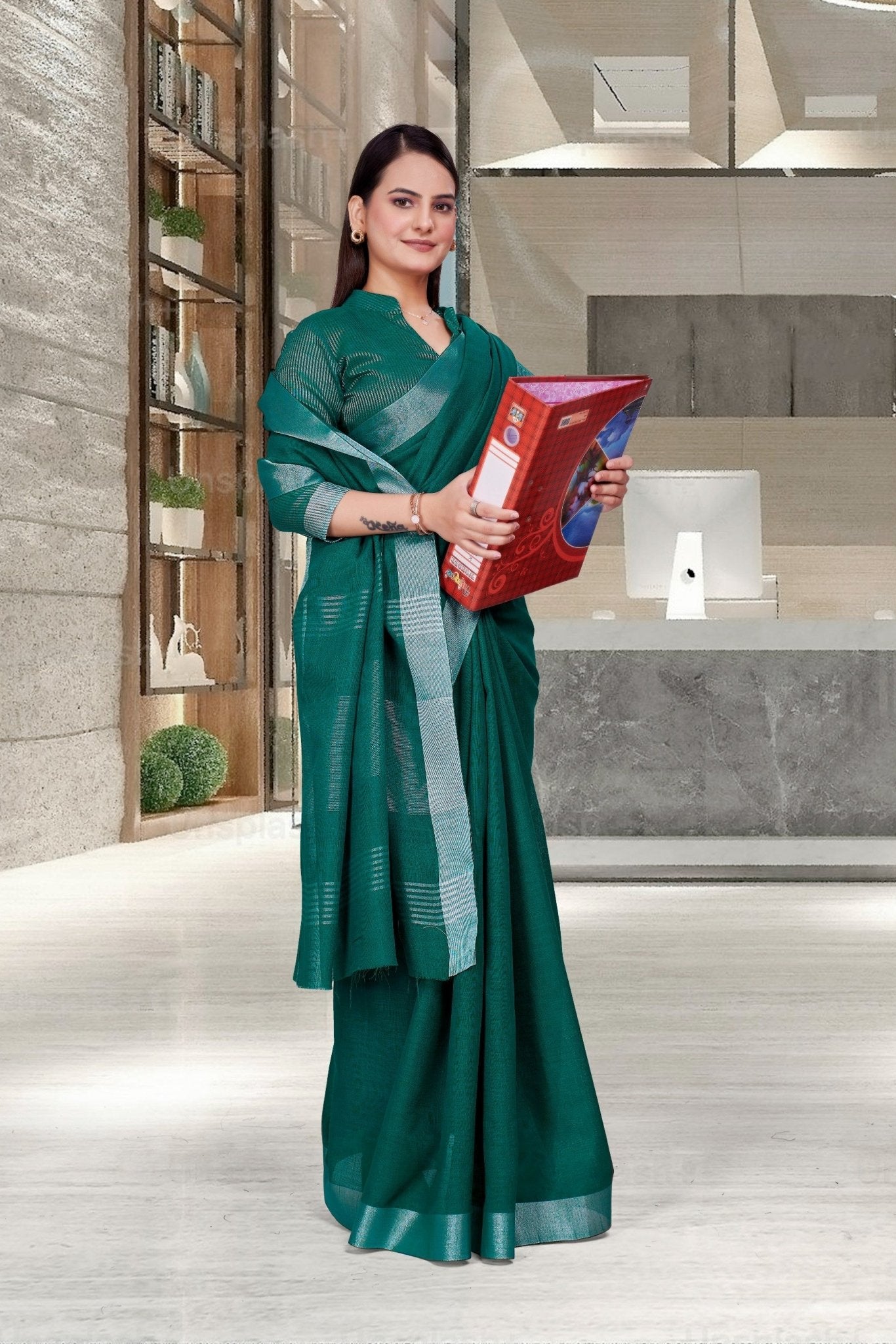 Dark Green Cotton Silk Business Saree for Professionals - FeministaCotton Silk