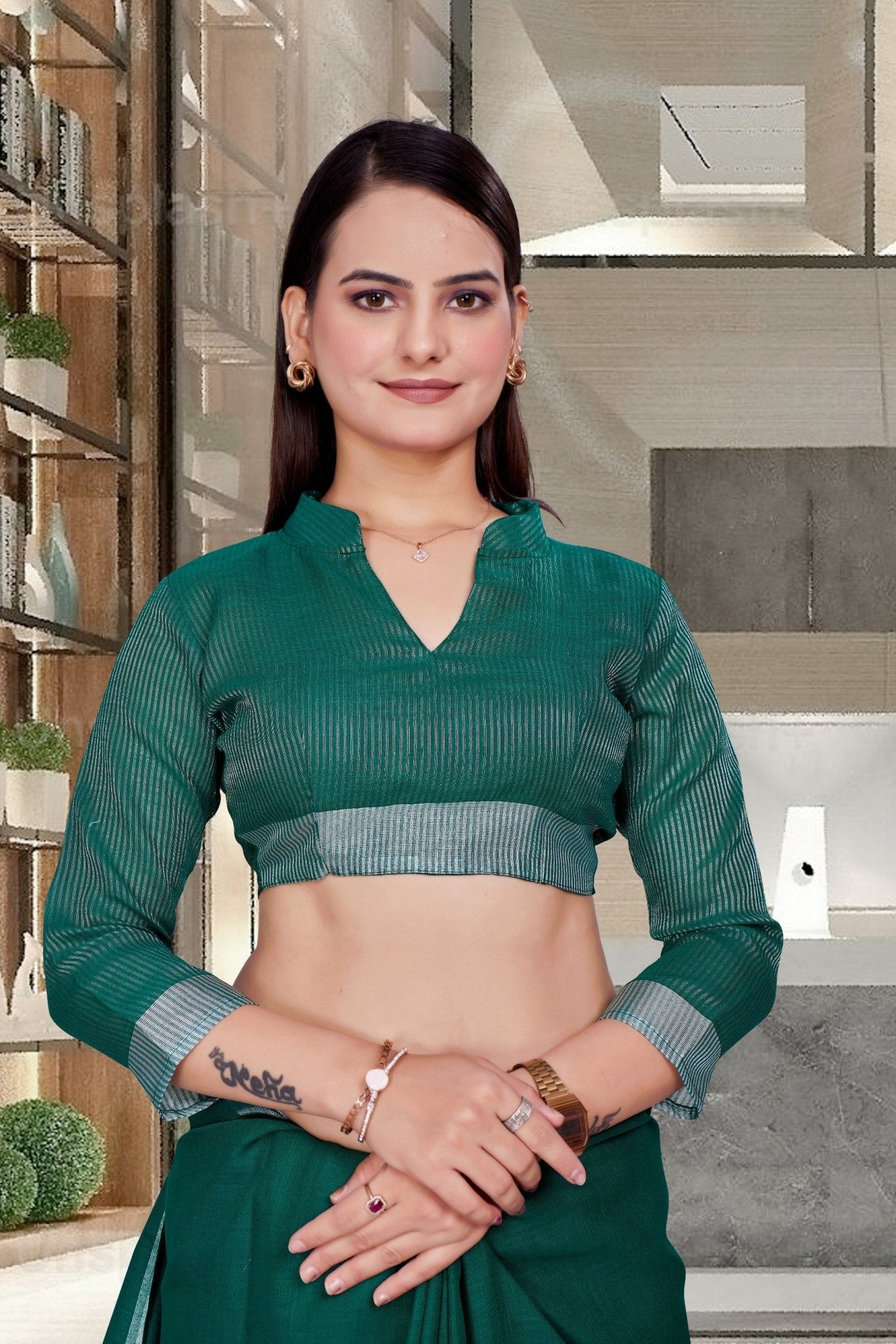 Dark Green Cotton Silk Business Saree for Professionals - FeministaCotton Silk