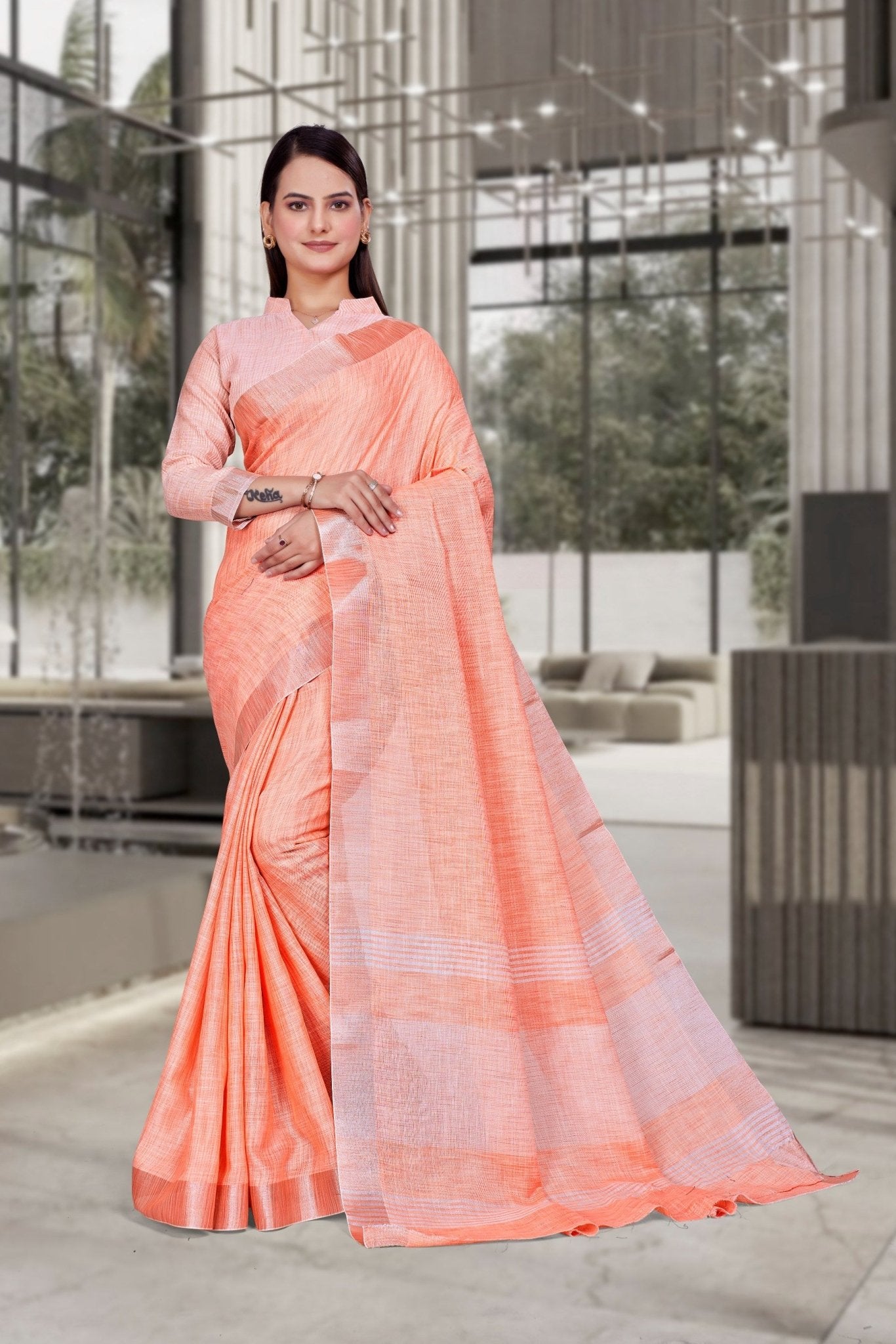 Orange Cotton Silk Workplace Uniform Saree - FeministaCotton Silk