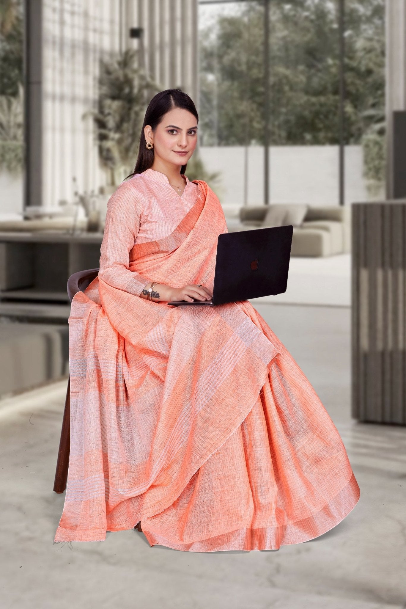 Orange Cotton Silk Workplace Uniform Saree - FeministaCotton Silk