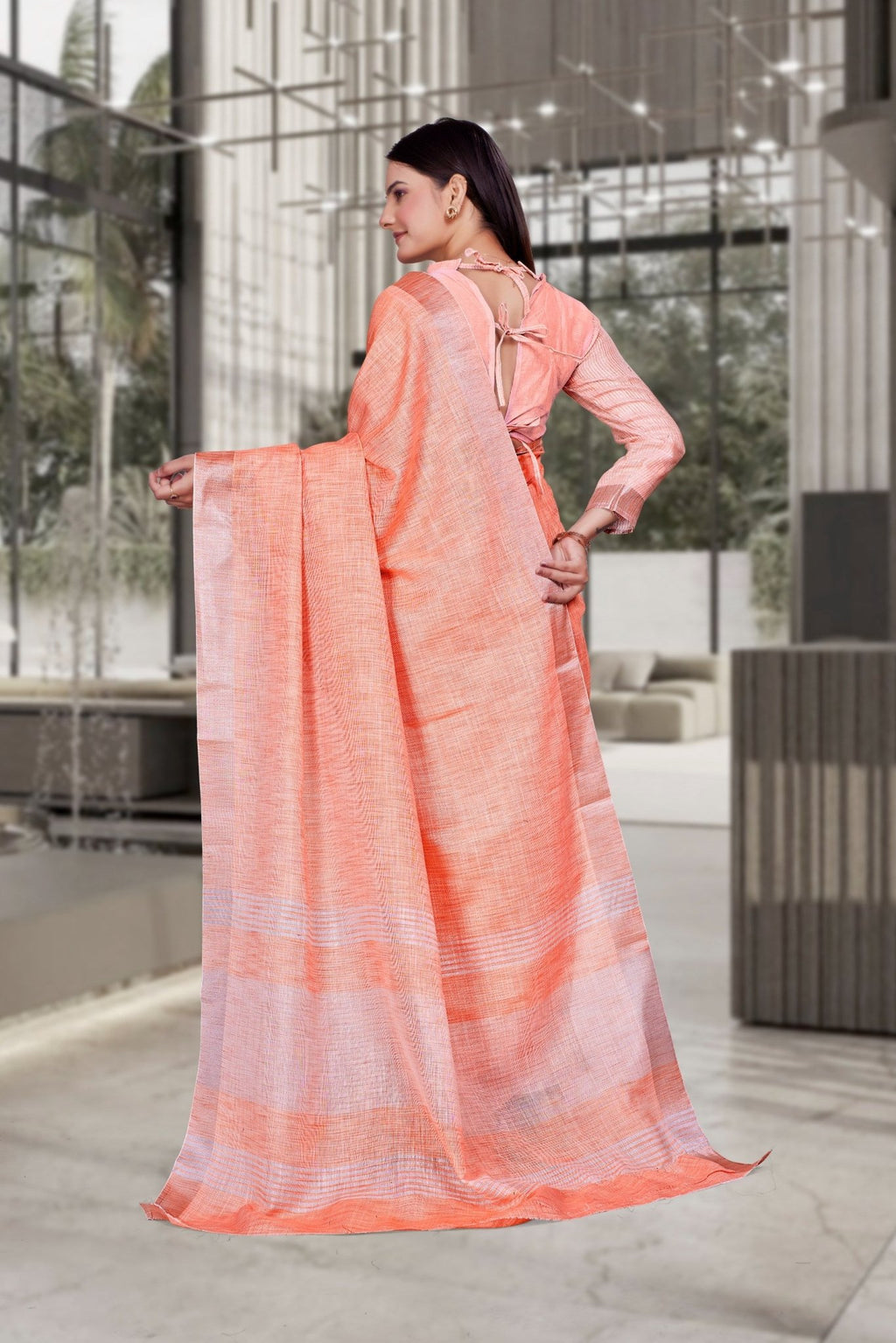 Orange Cotton Silk Workplace Uniform Saree - FeministaCotton Silk
