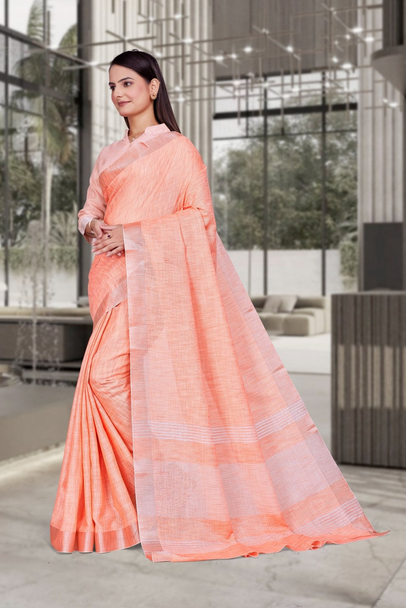 Orange Cotton Silk Workplace Uniform Saree - FeministaCotton Silk