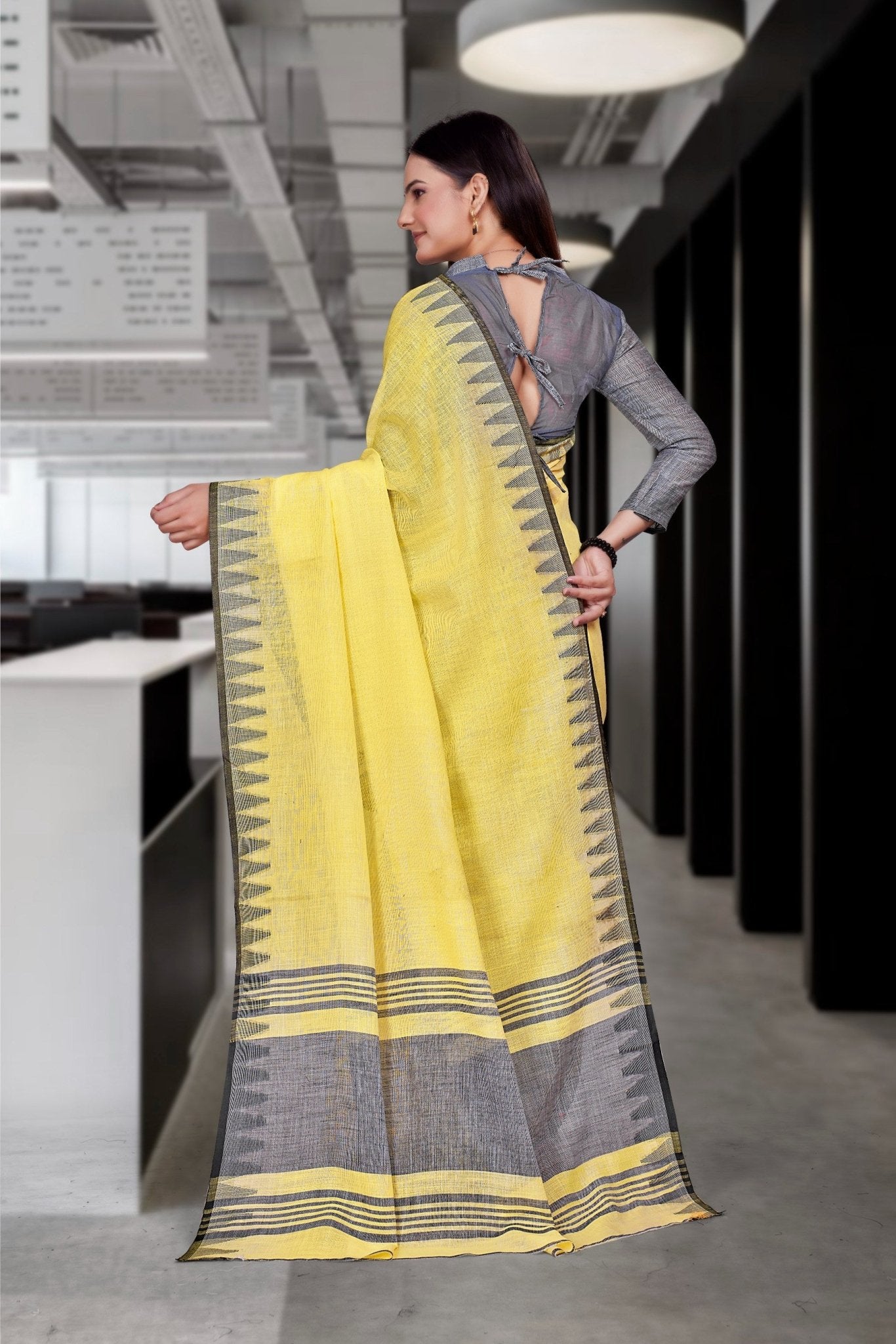 Yellow Cotton Silk Workplace Formal Saree - FeministaCotton Silk