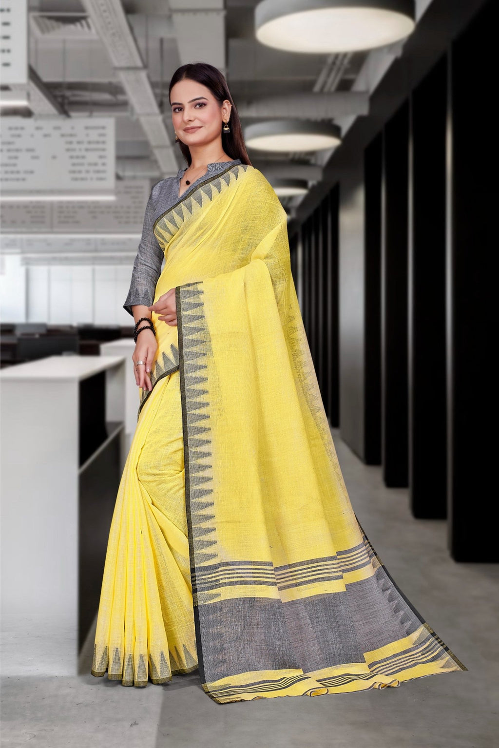 Yellow Cotton Silk Workplace Formal Saree - FeministaCotton Silk