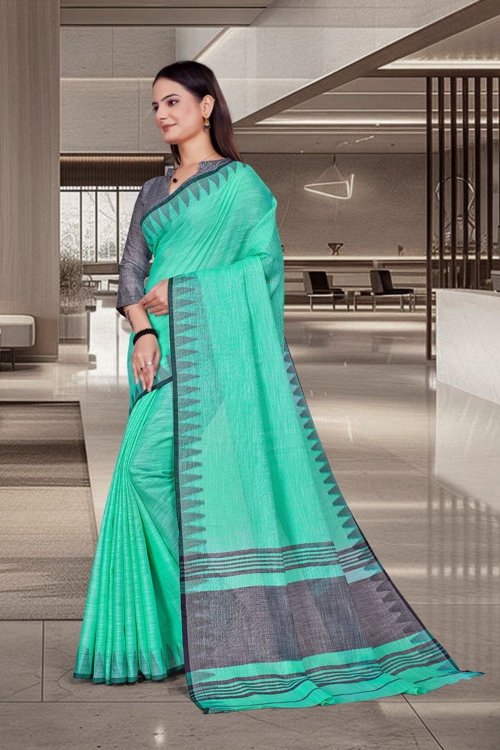 Green Cotton Silk Staff Professional Saree - FeministaCotton Silk