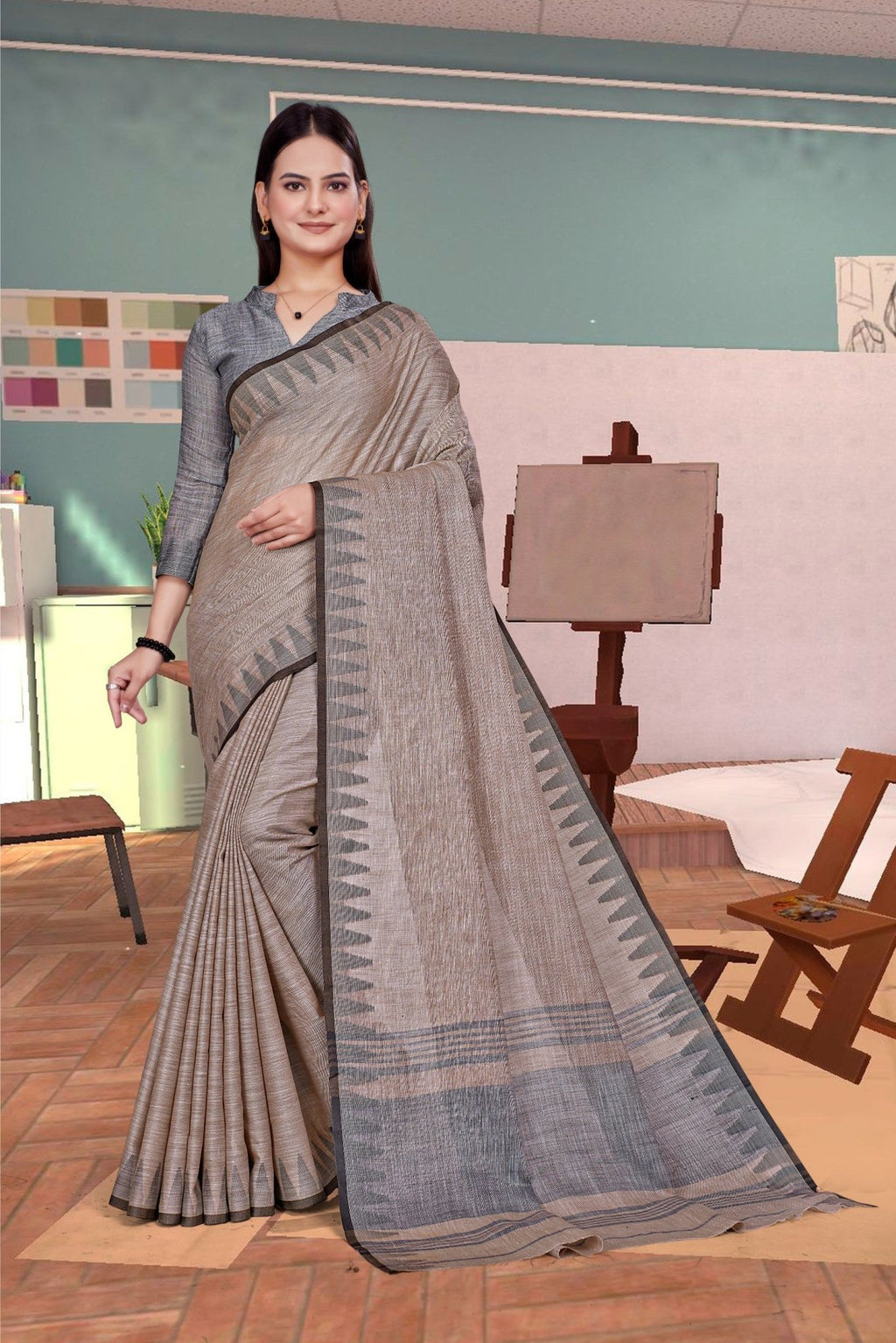 Grey Cotton Silk Professional Office Saree - FeministaCotton Silk