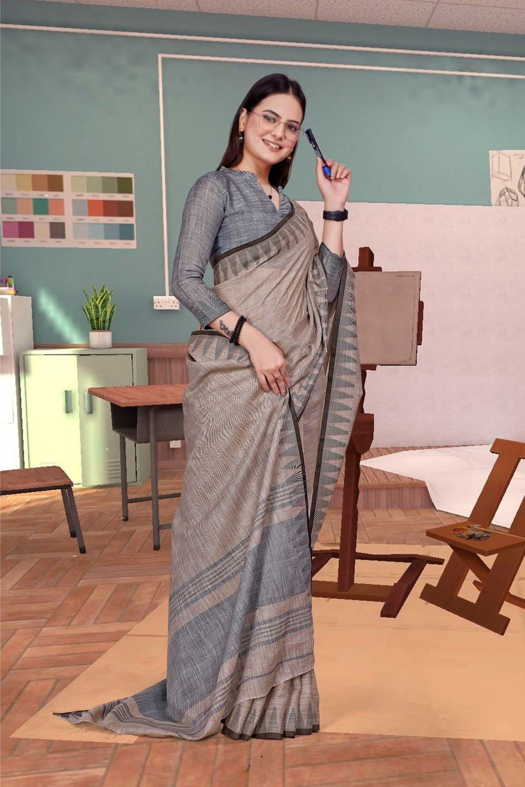 Grey Cotton Silk Professional Office Saree - FeministaCotton Silk