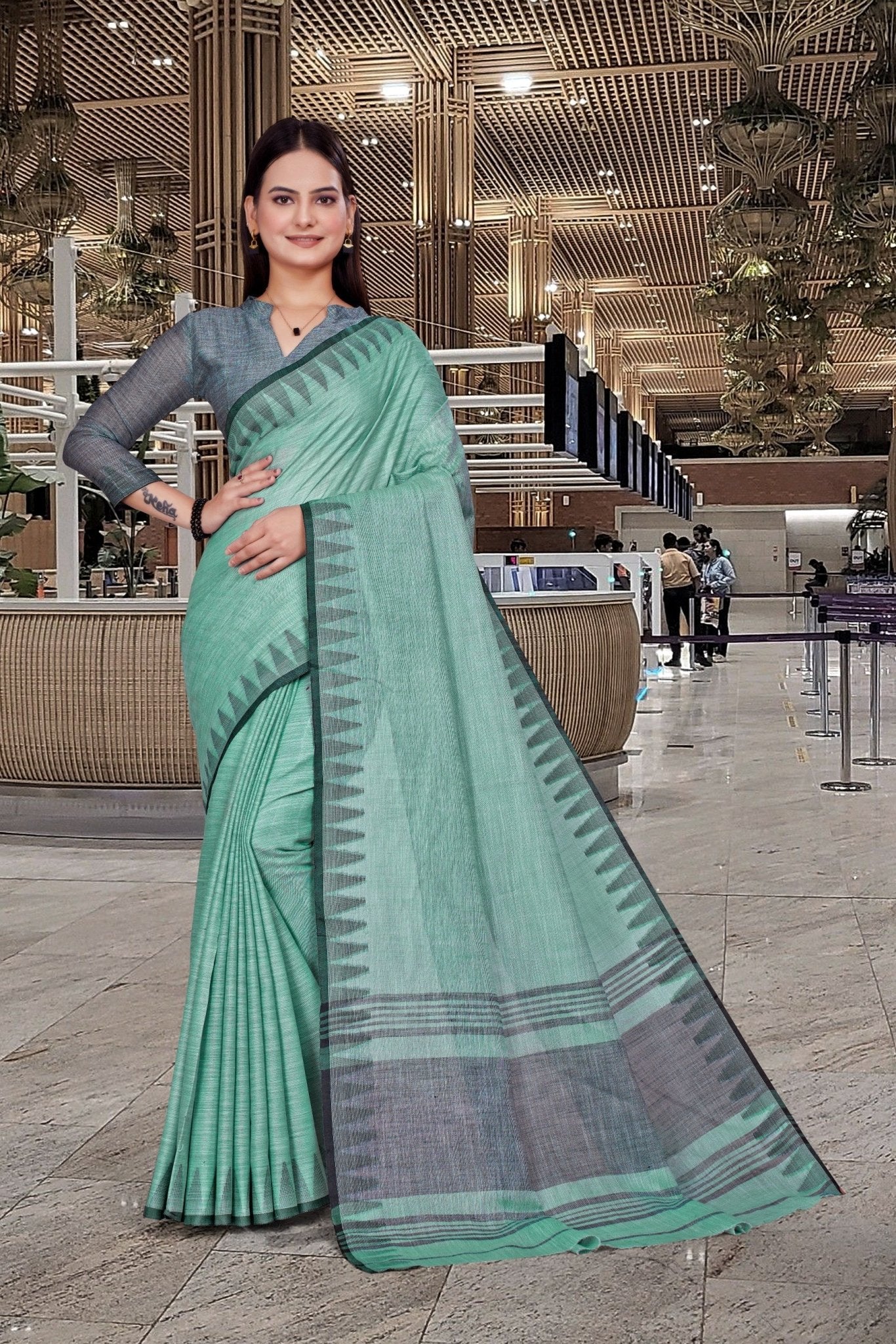 Green Cotton Silk Staff Professional Saree - FeministaCotton Silk