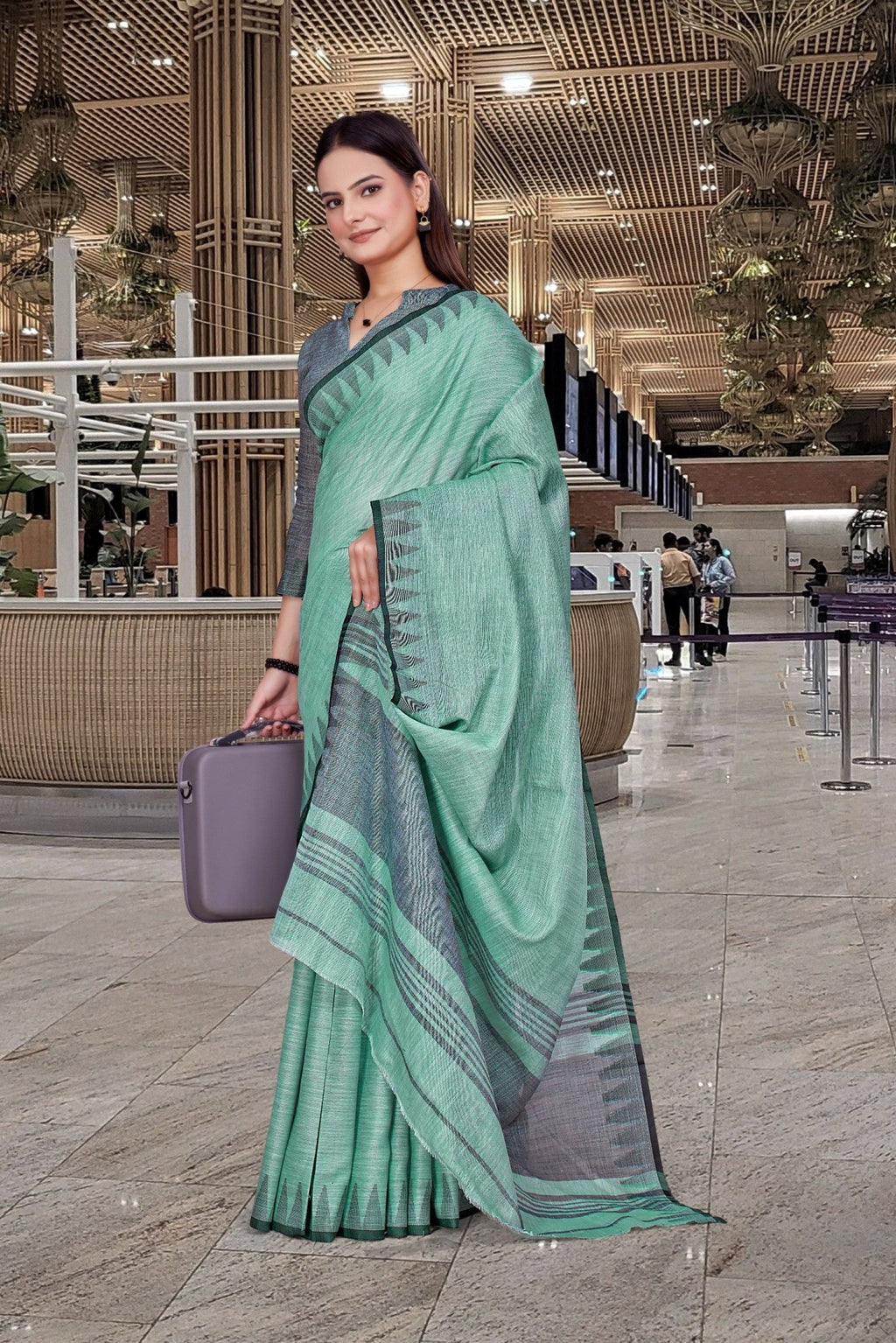 Green Cotton Silk Staff Professional Saree - FeministaCotton Silk
