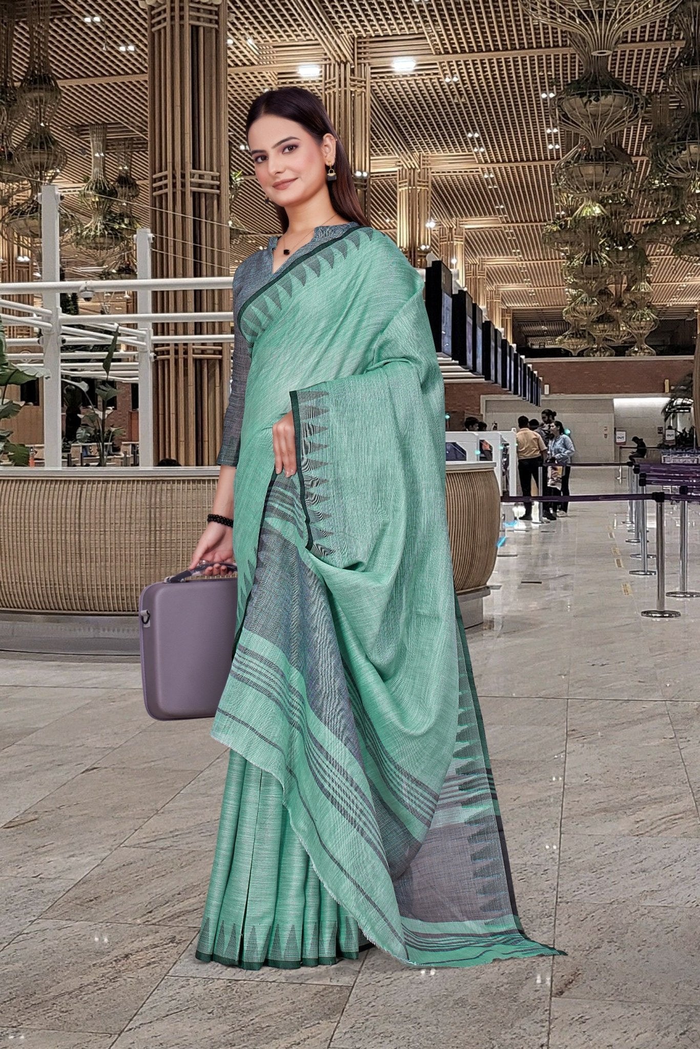 Green Cotton Silk Staff Professional Saree - FeministaCotton Silk