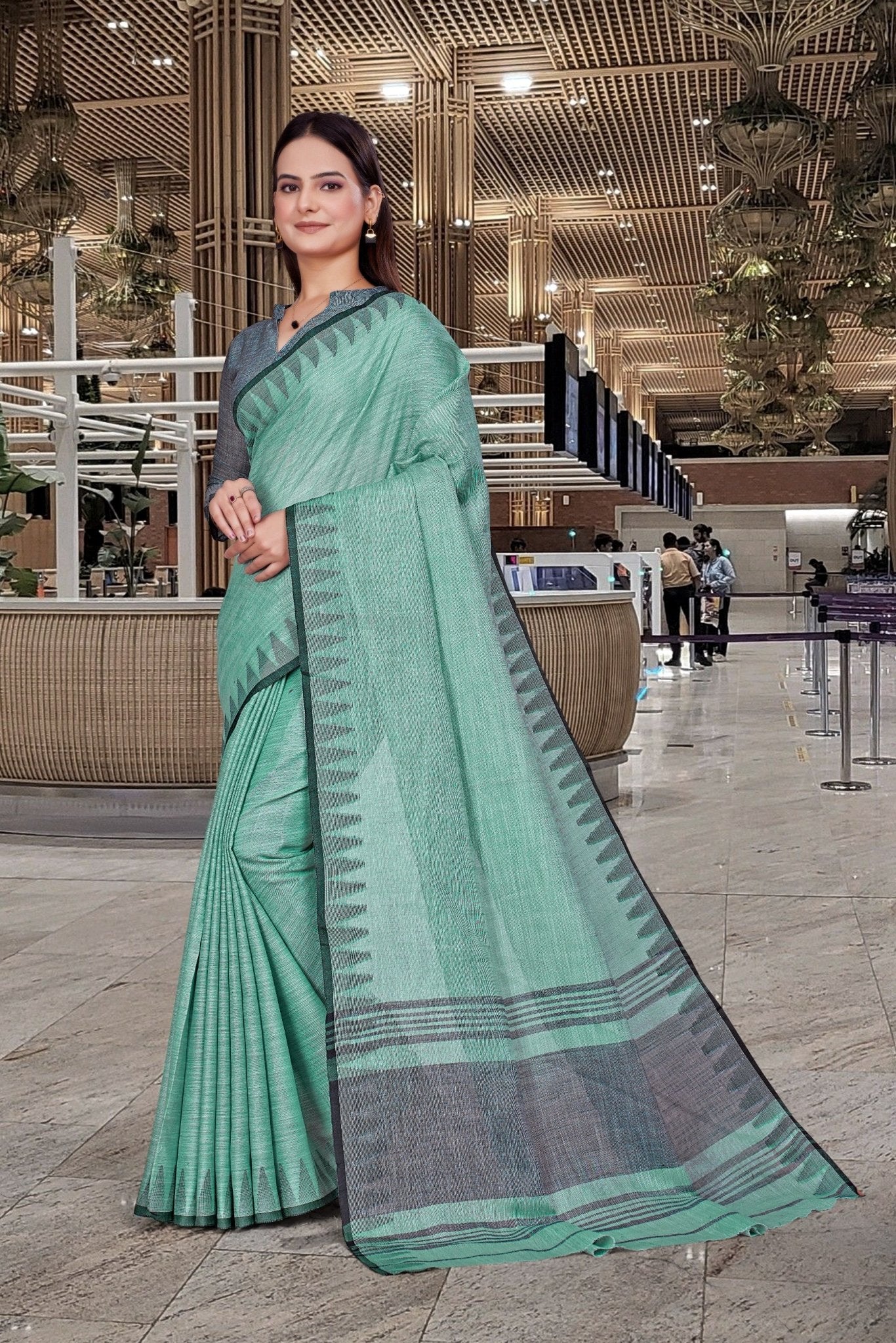 Green Cotton Silk Staff Professional Saree - FeministaCotton Silk