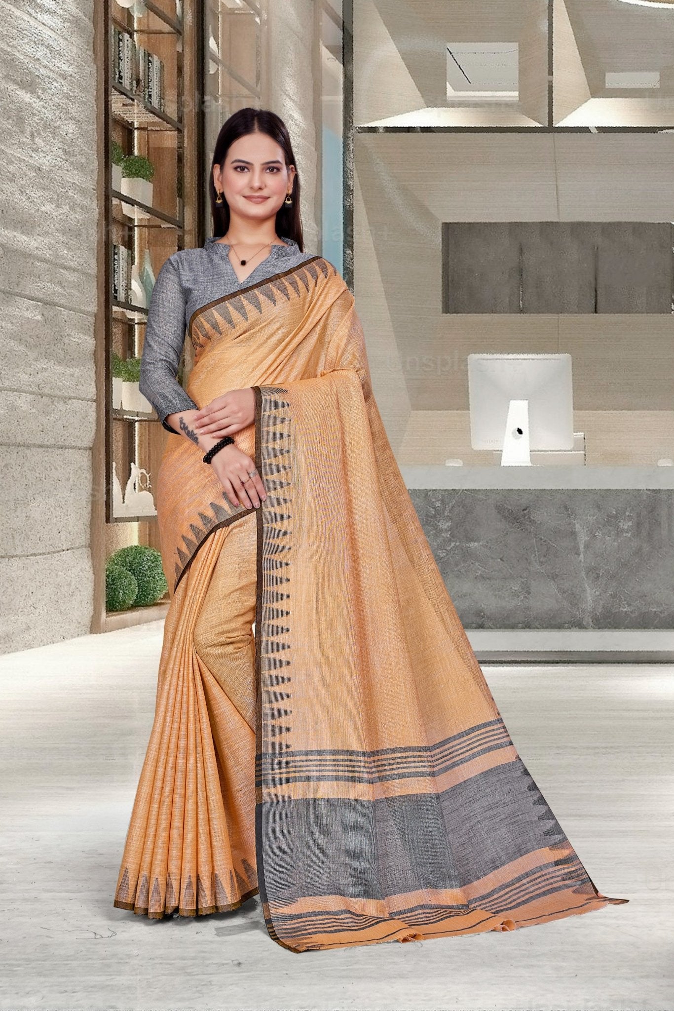 Orange Cotton Silk Formal Professional Saree - FeministaCotton Silk