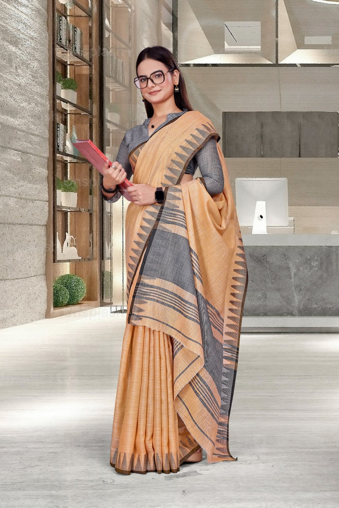 Orange Cotton Silk Formal Professional Saree - FeministaCotton Silk