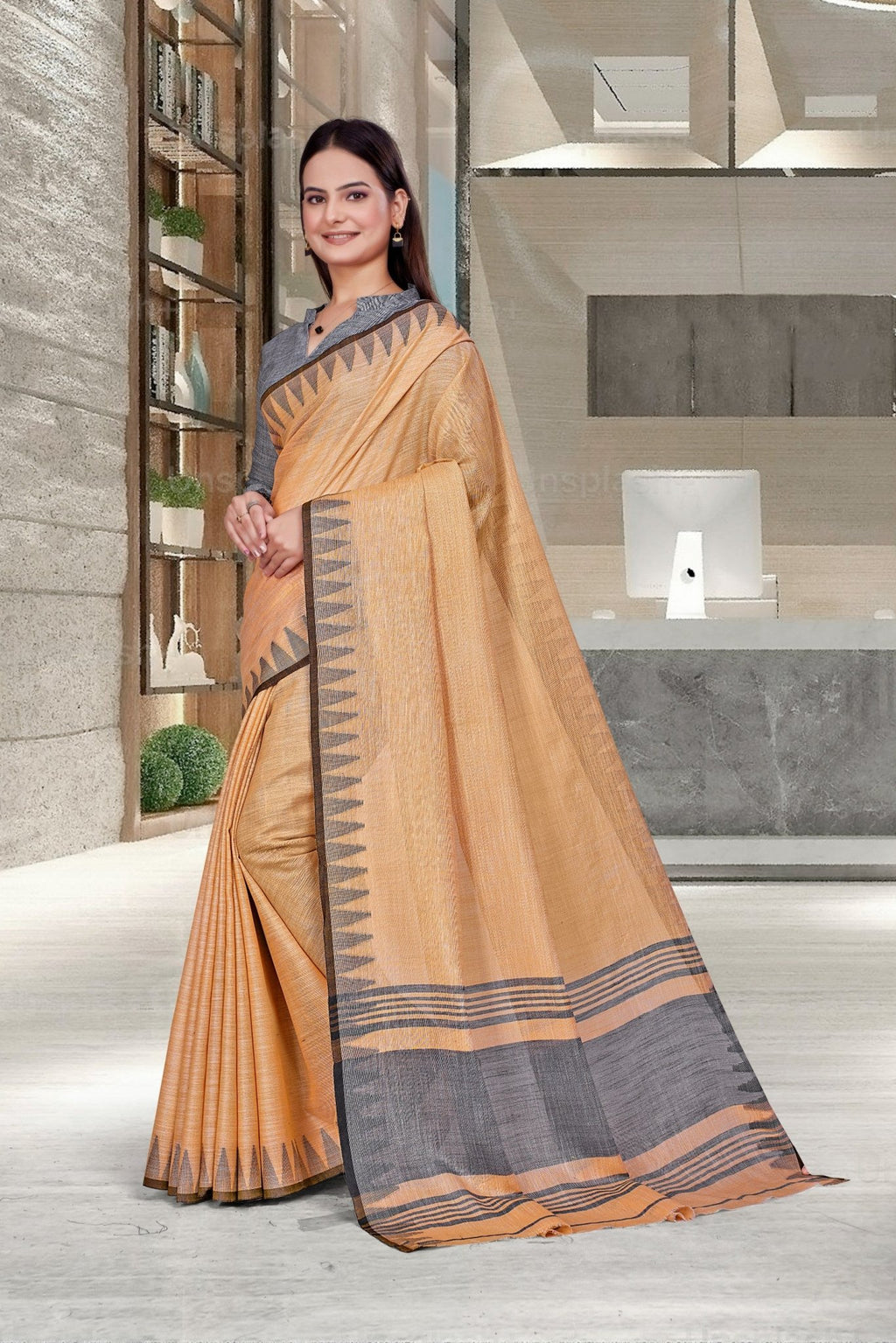 Orange Cotton Silk Formal Professional Saree - FeministaCotton Silk