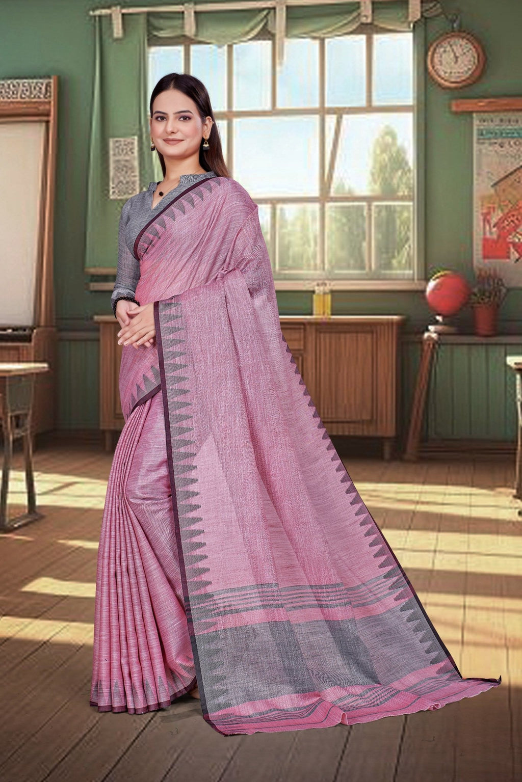 Pink Cotton Silk Professional Office Saree - FeministaCotton Silk