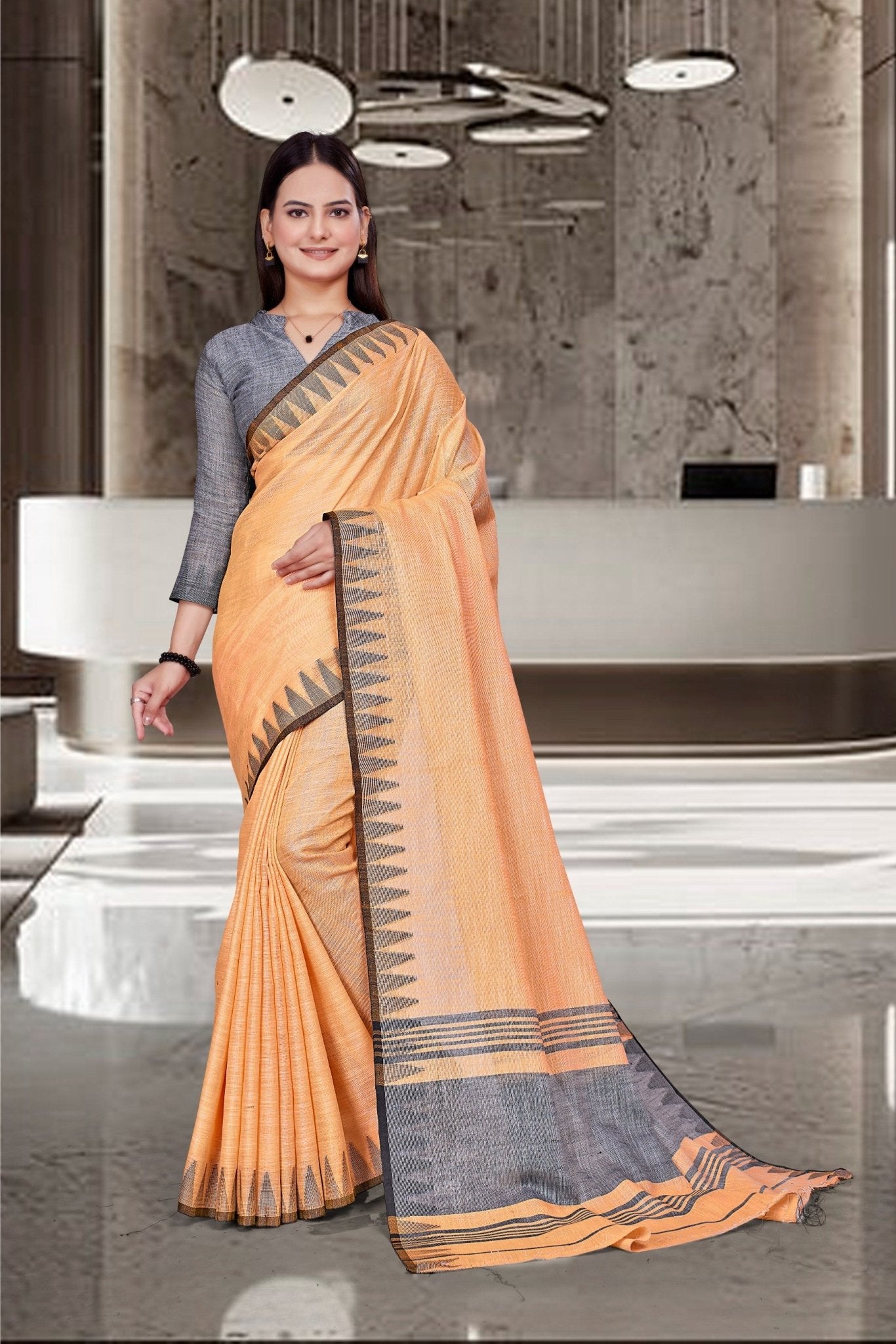Orange Cotton Silk Workplace Uniform Saree - FeministaCotton Silk