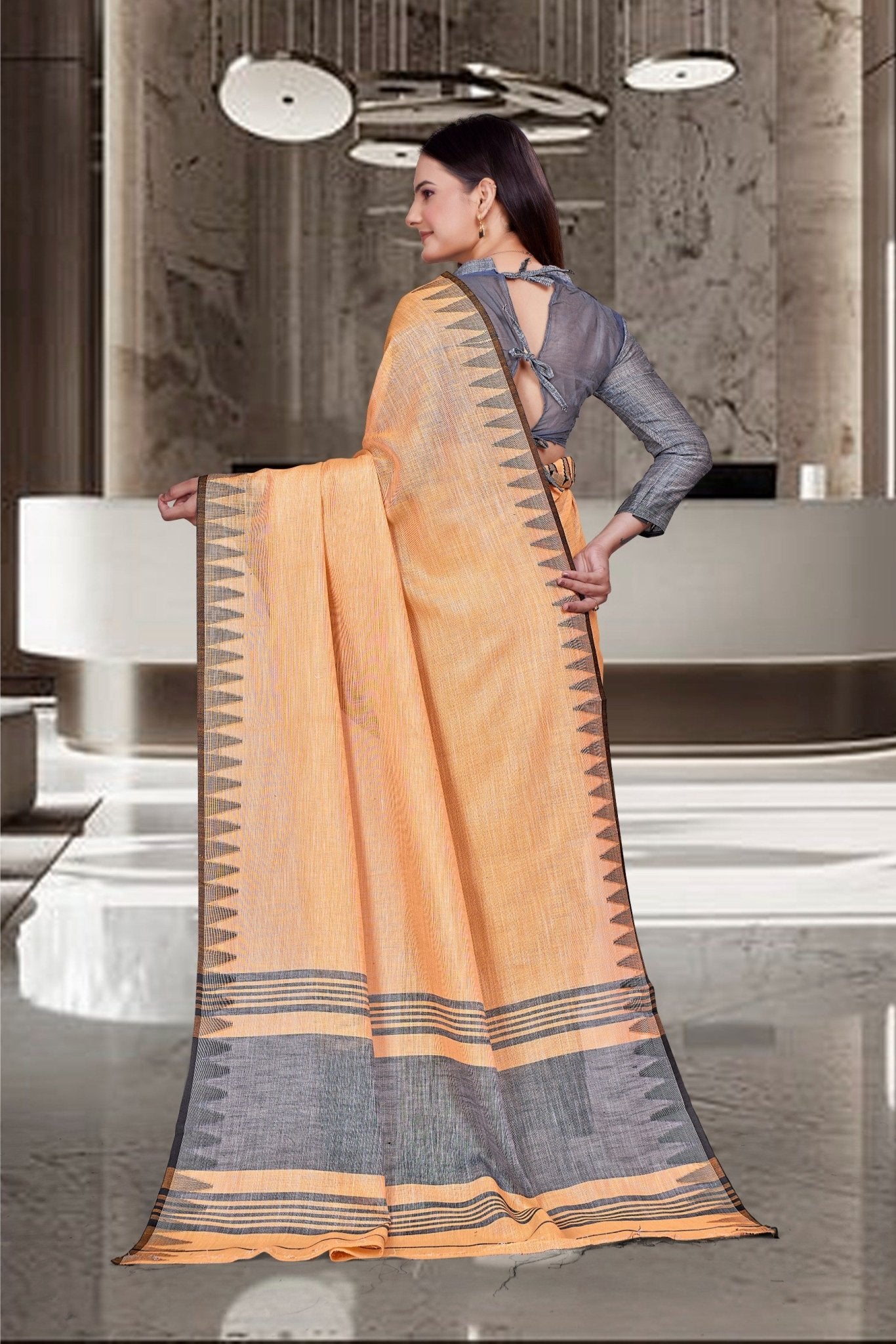 Orange Cotton Silk Workplace Uniform Saree - FeministaCotton Silk