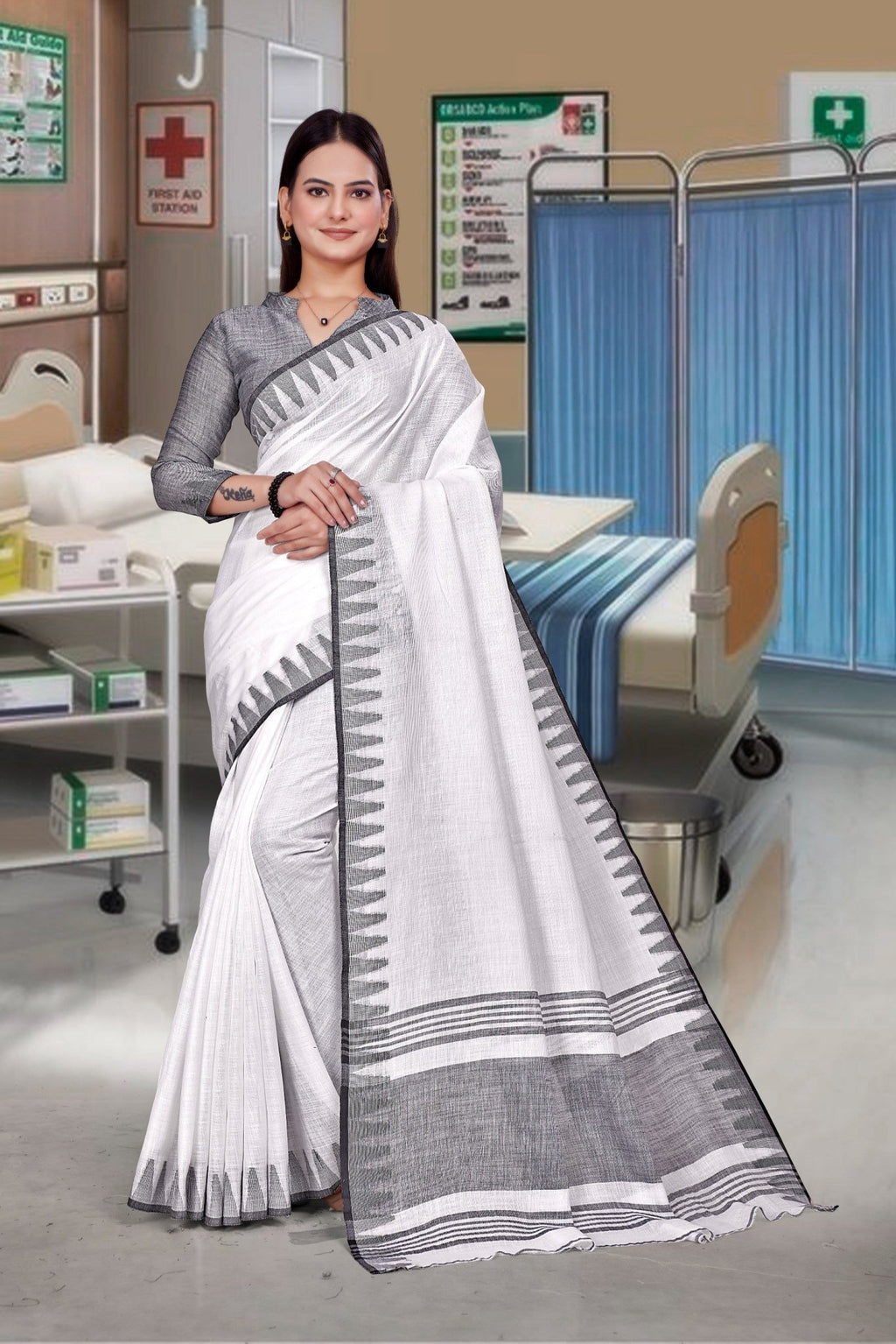 White Cotton Silk Formal Professional Saree - FeministaCotton Silk