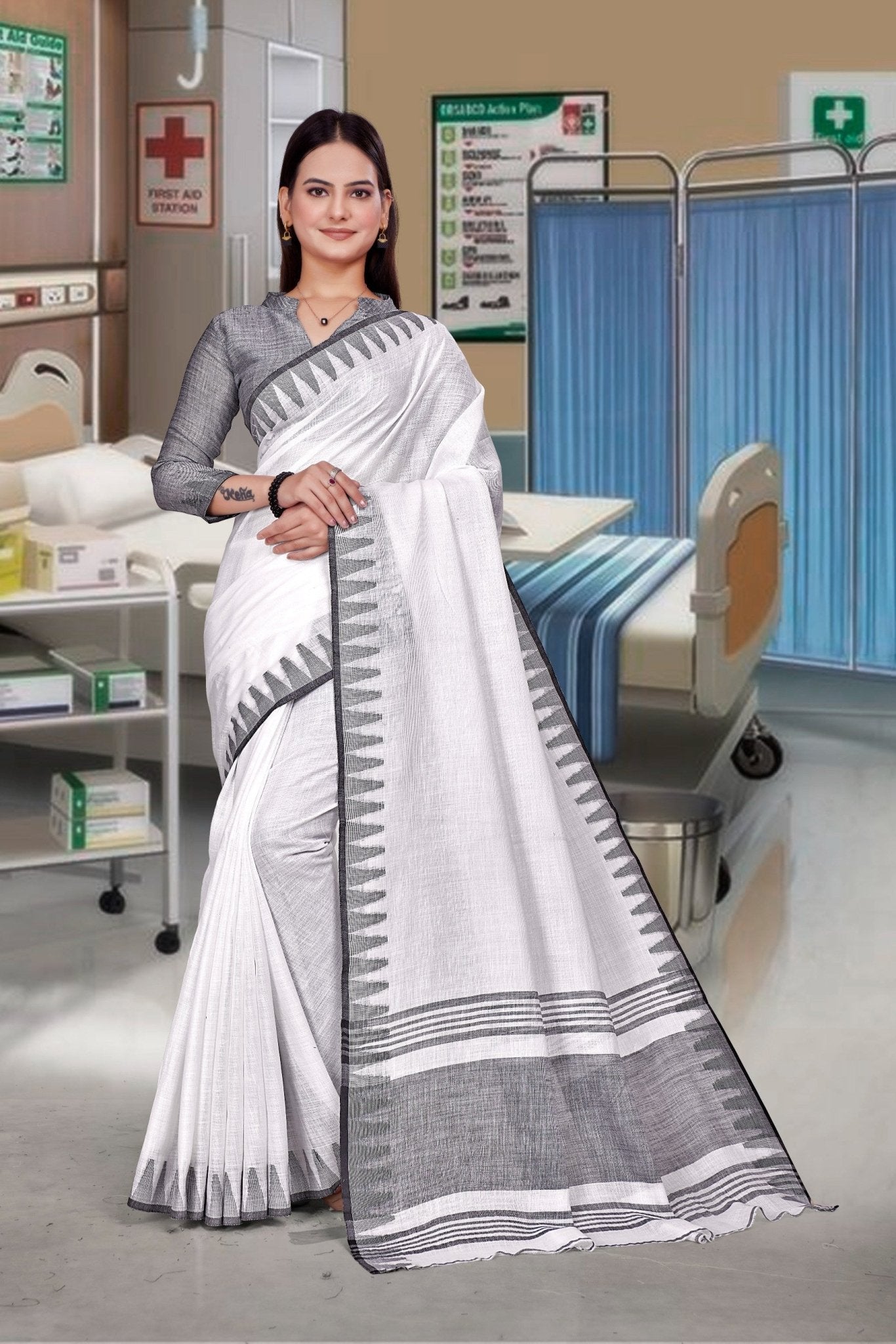 White Cotton Silk Formal Professional Saree - FeministaCotton Silk