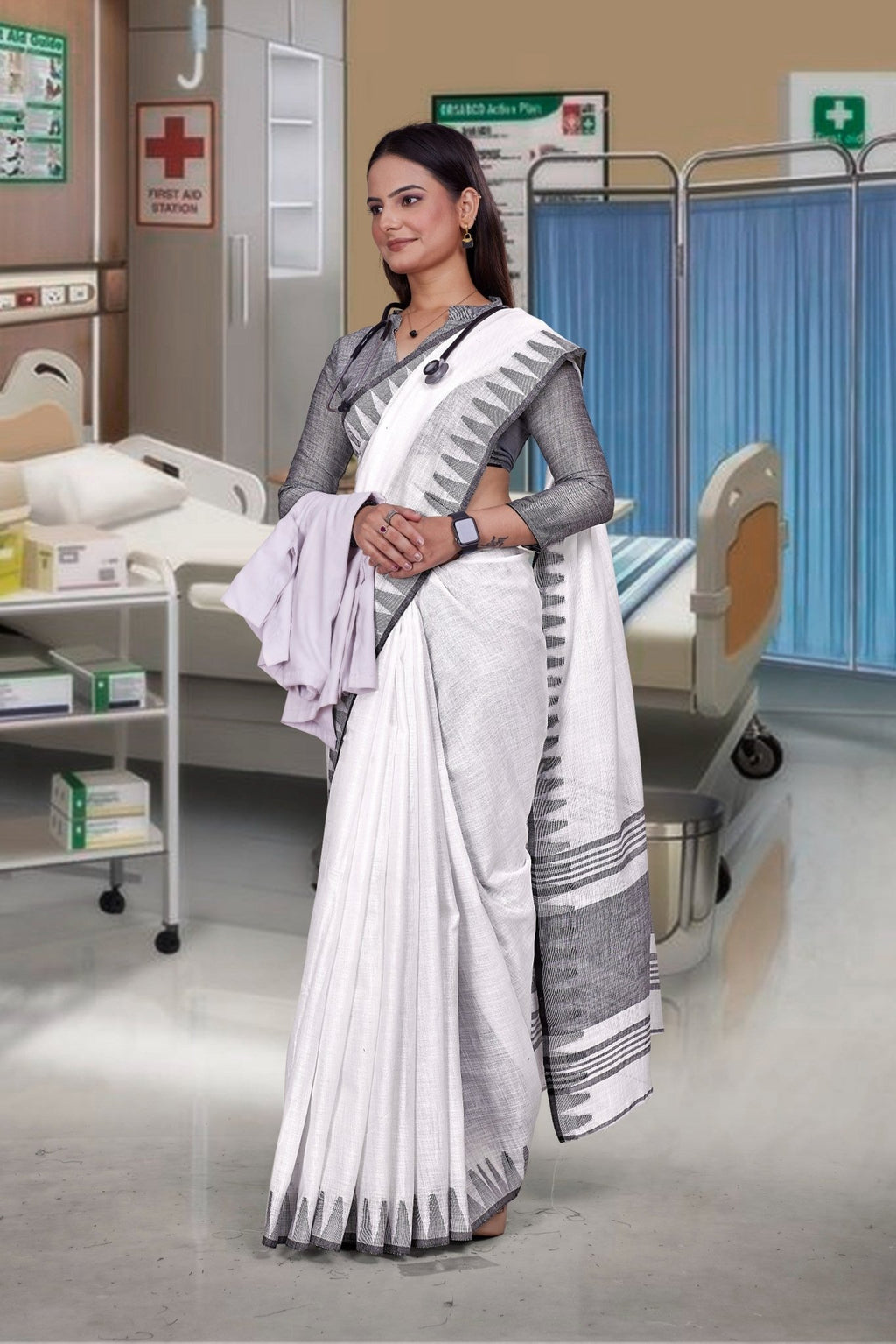 White Cotton Silk Formal Professional Saree - FeministaCotton Silk