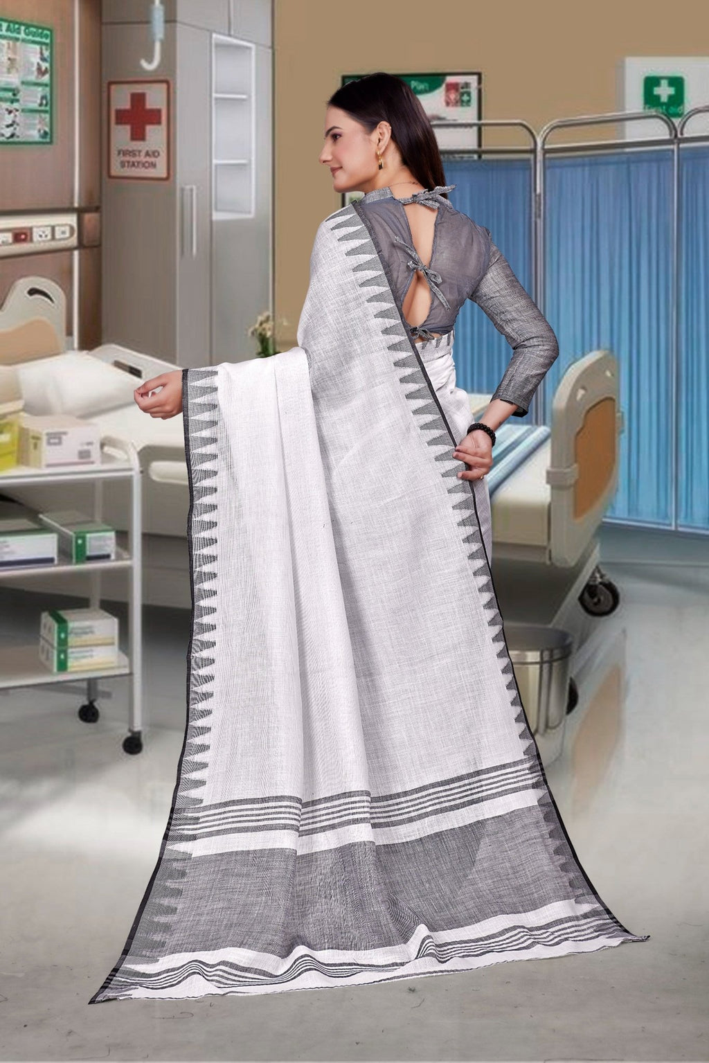 White Cotton Silk Formal Professional Saree - FeministaCotton Silk