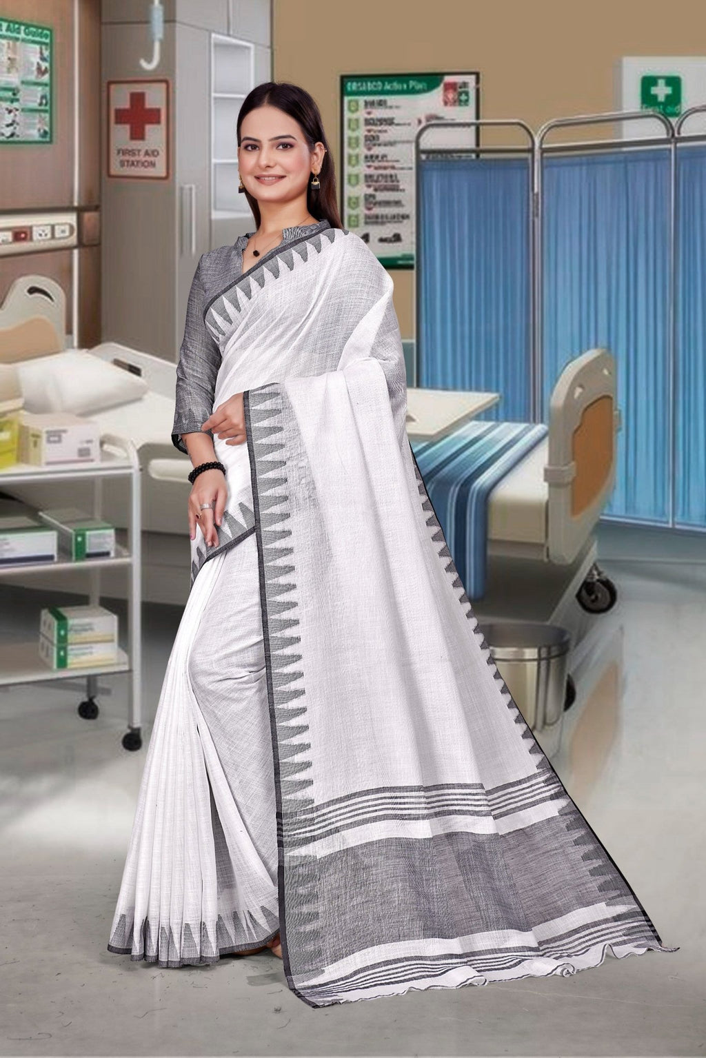White Cotton Silk Formal Professional Saree - FeministaCotton Silk