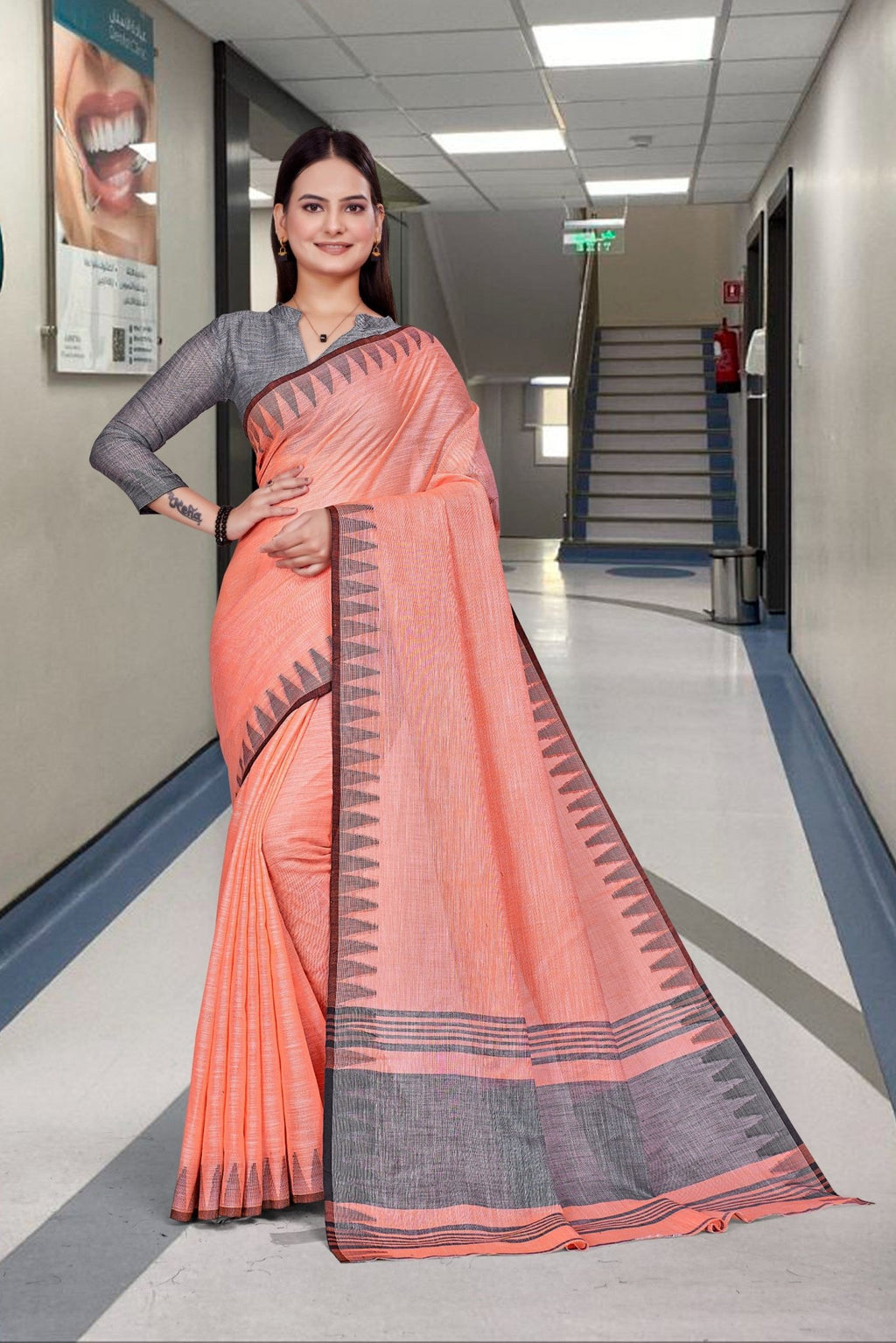 Orange Cotton Silk Work Wear Saree for Teachers - FeministaCotton Silk