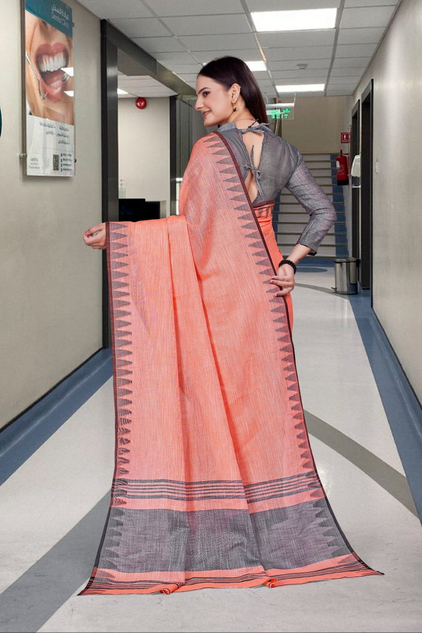 Orange Cotton Silk Work Wear Saree for Teachers - FeministaCotton Silk
