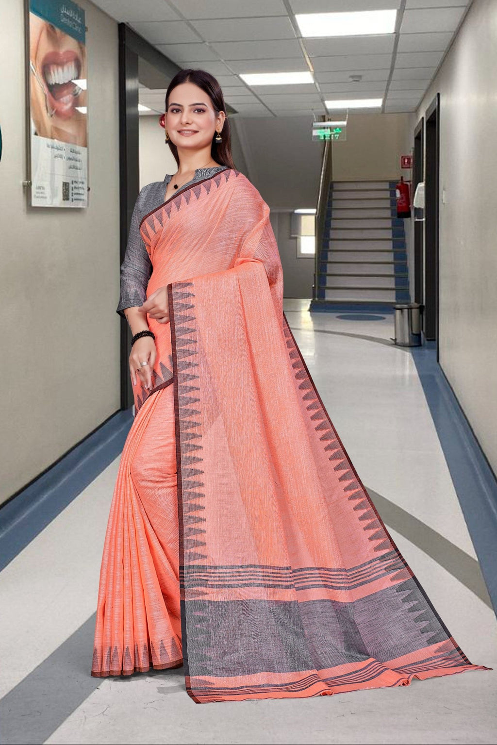 Orange Cotton Silk Work Wear Saree for Teachers - FeministaCotton Silk