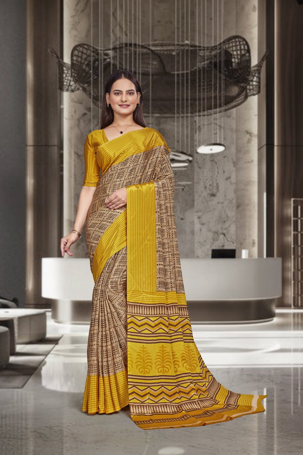Yellow Crepe Professional Office Saree - FeministaCrepe