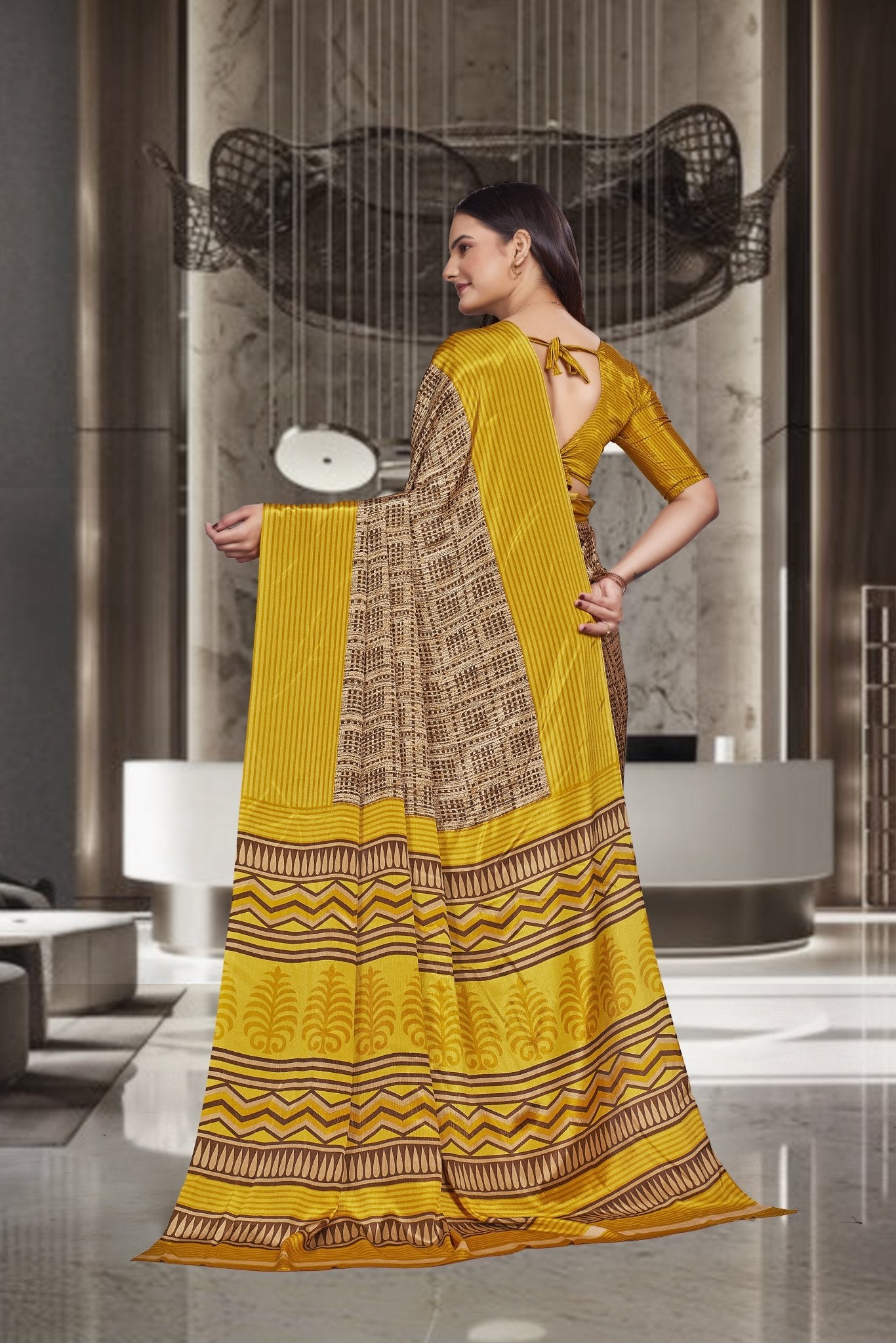 Yellow Crepe Professional Office Saree - FeministaCrepe