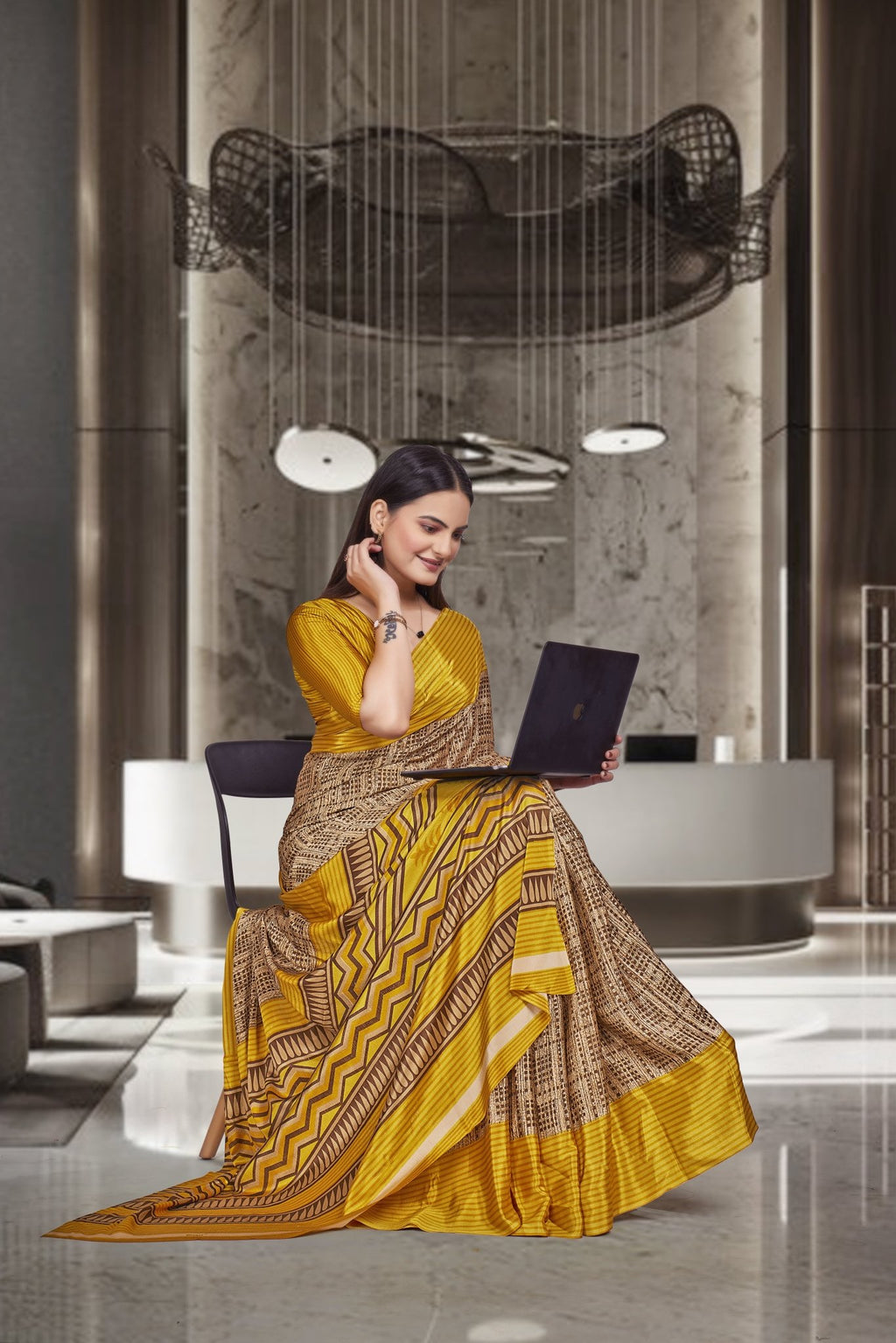 Yellow Crepe Professional Office Saree - FeministaCrepe
