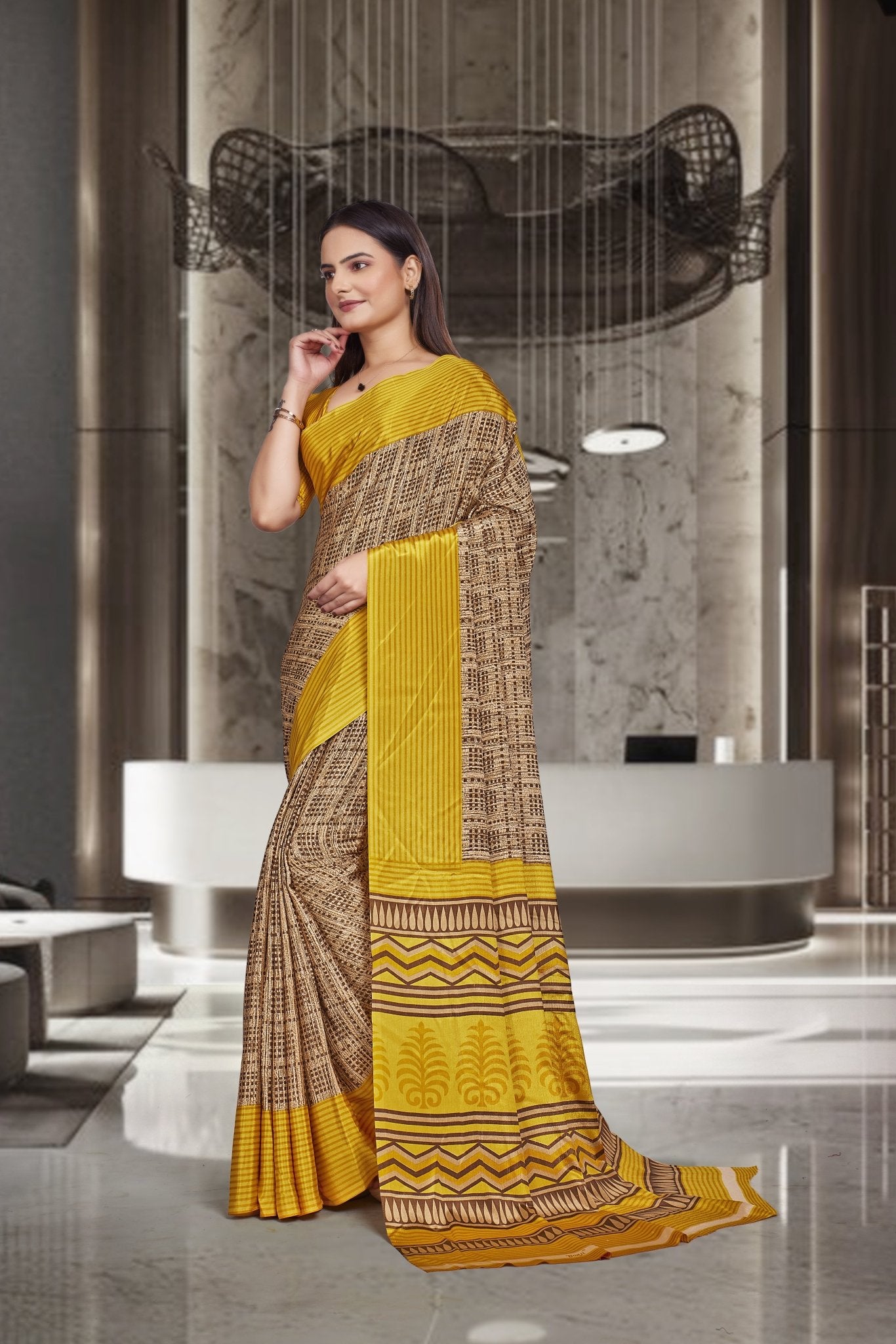 Yellow Crepe Professional Office Saree - FeministaCrepe