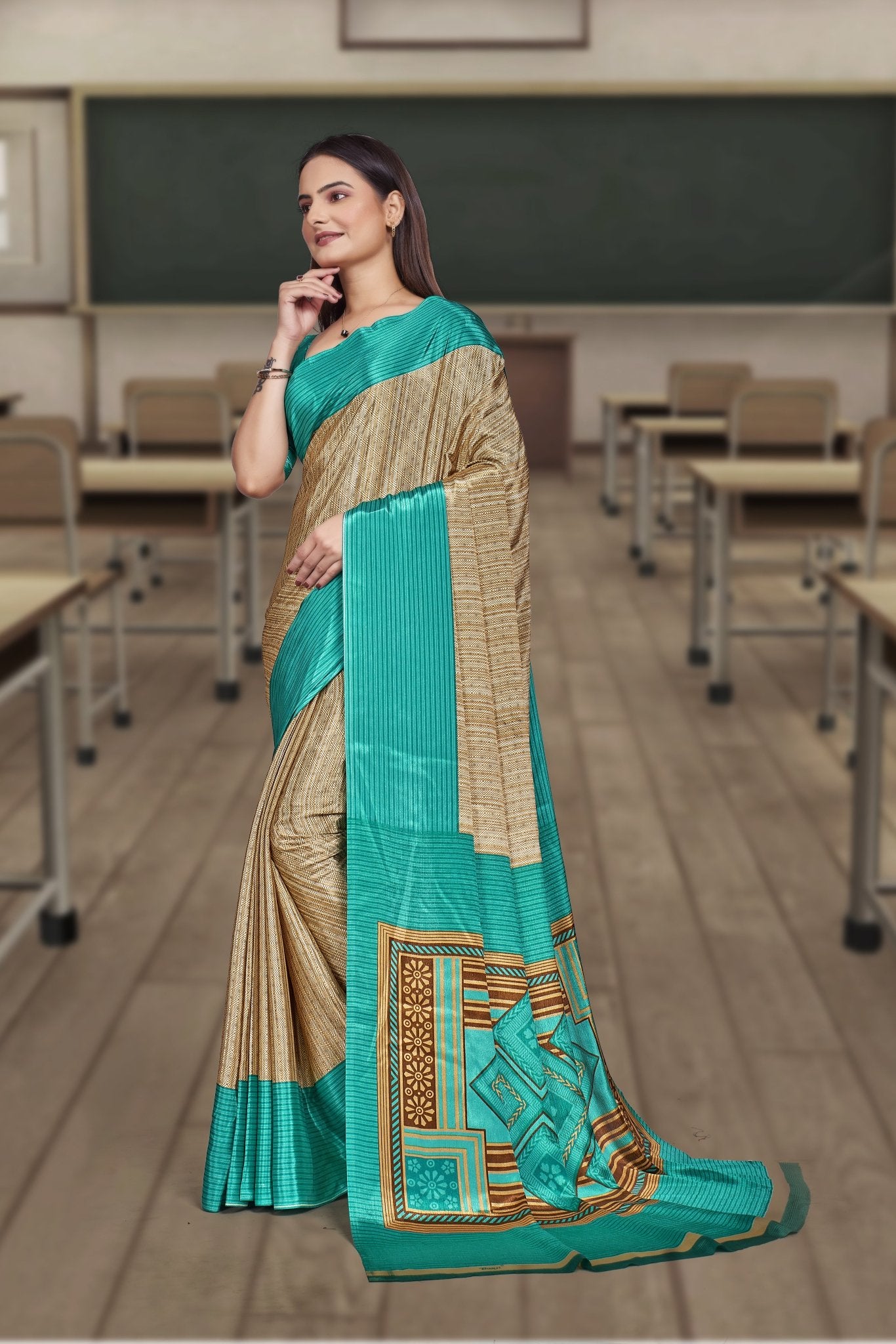 Blue Crepe Professional Office Saree - FeministaCrepe