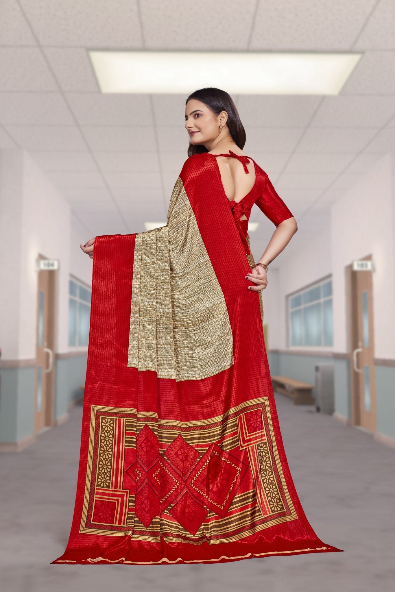Red Crepe Professional Saree for Educators - FeministaCrepe