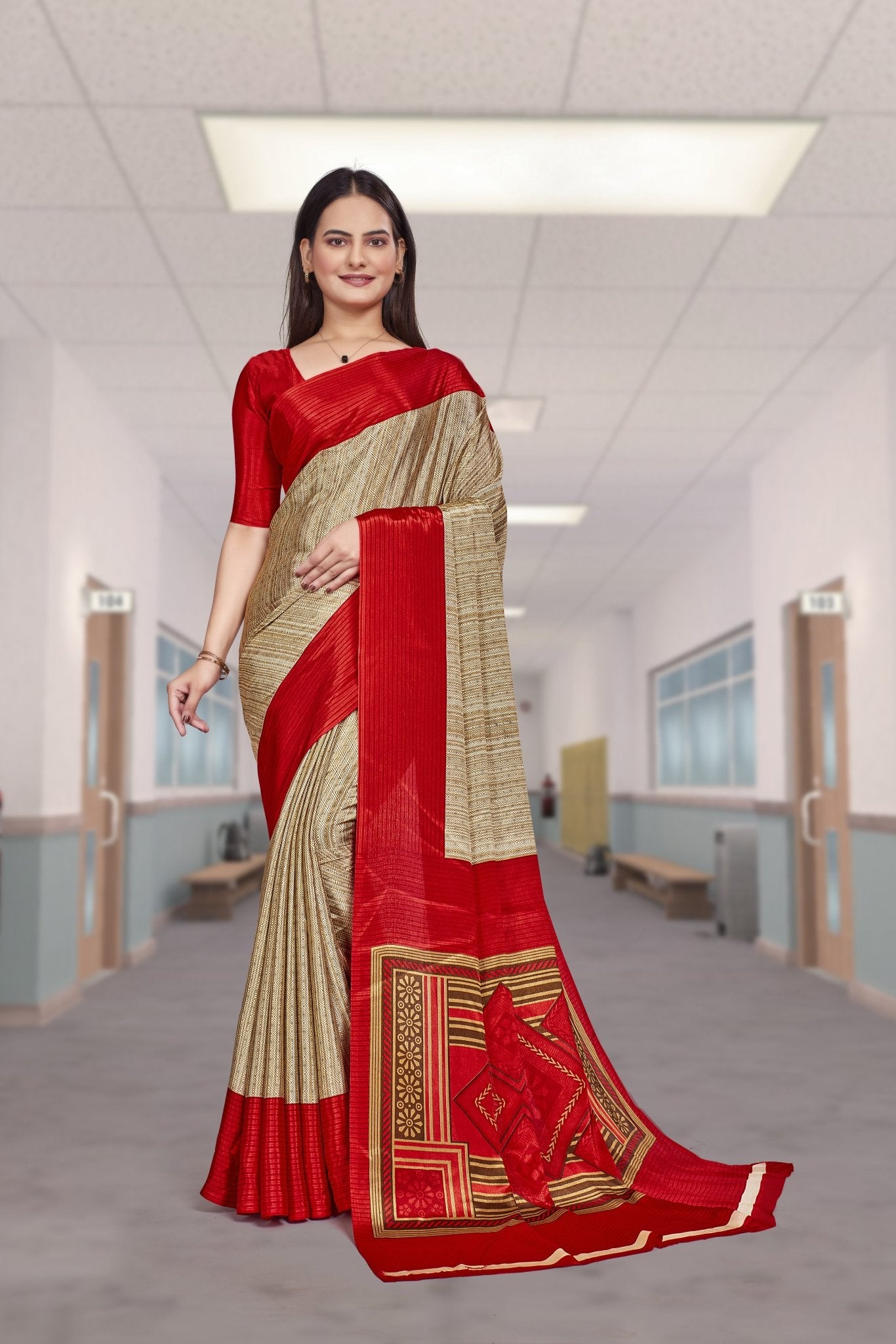 Red Crepe Professional Saree for Educators - FeministaCrepe
