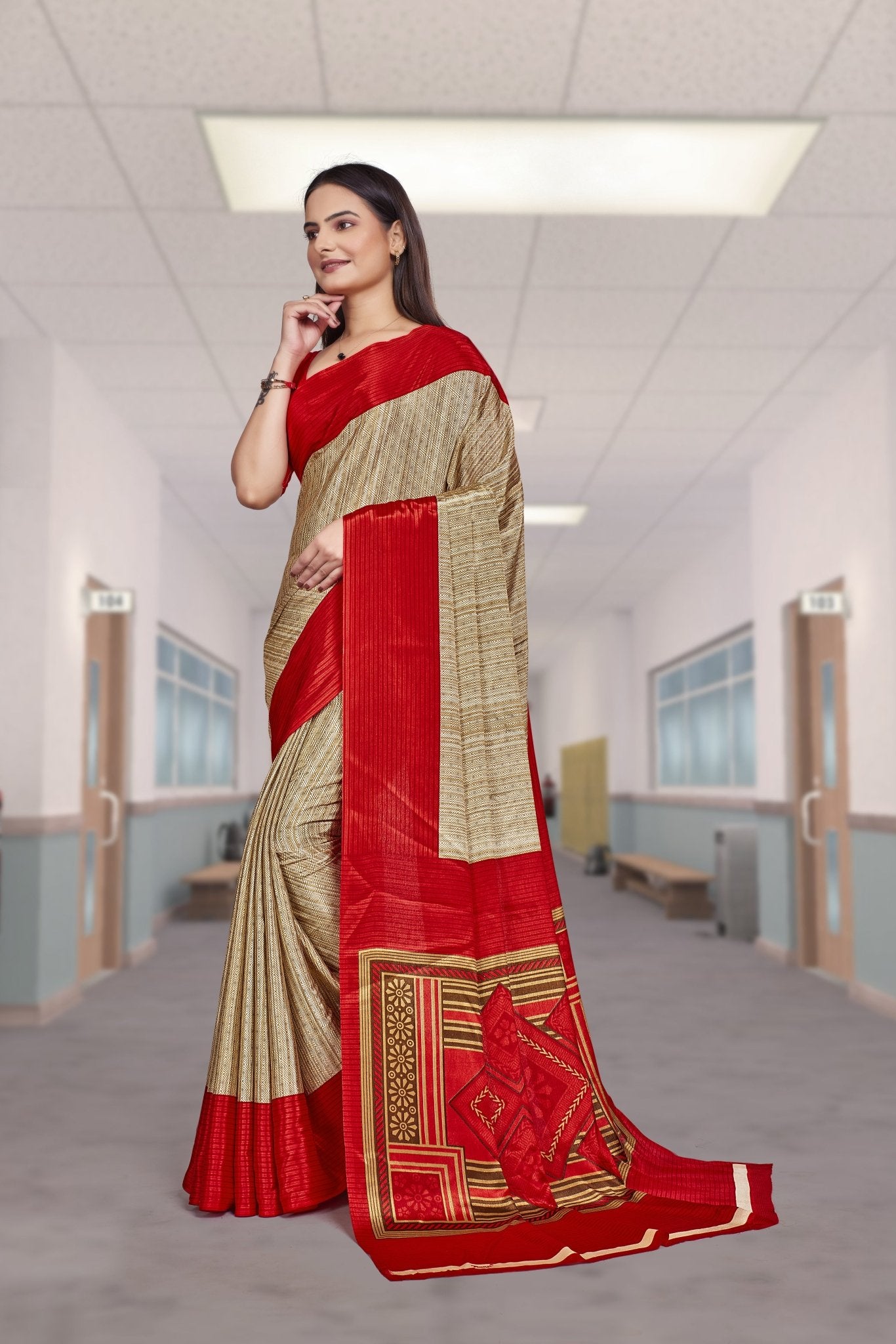 Red Crepe Professional Saree for Educators - FeministaCrepe